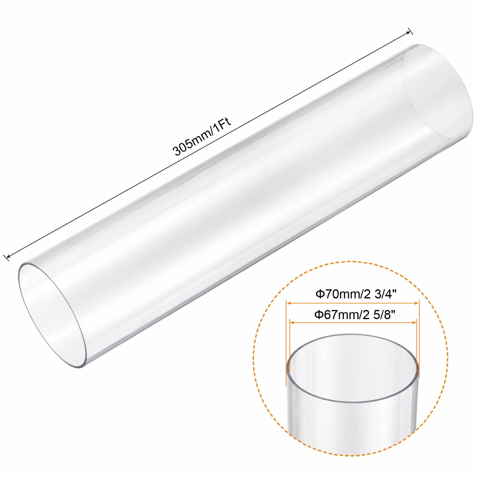 Tubo Rígido Redondo Transparente 67mm DI x 70mm DE x 305mm Plástico