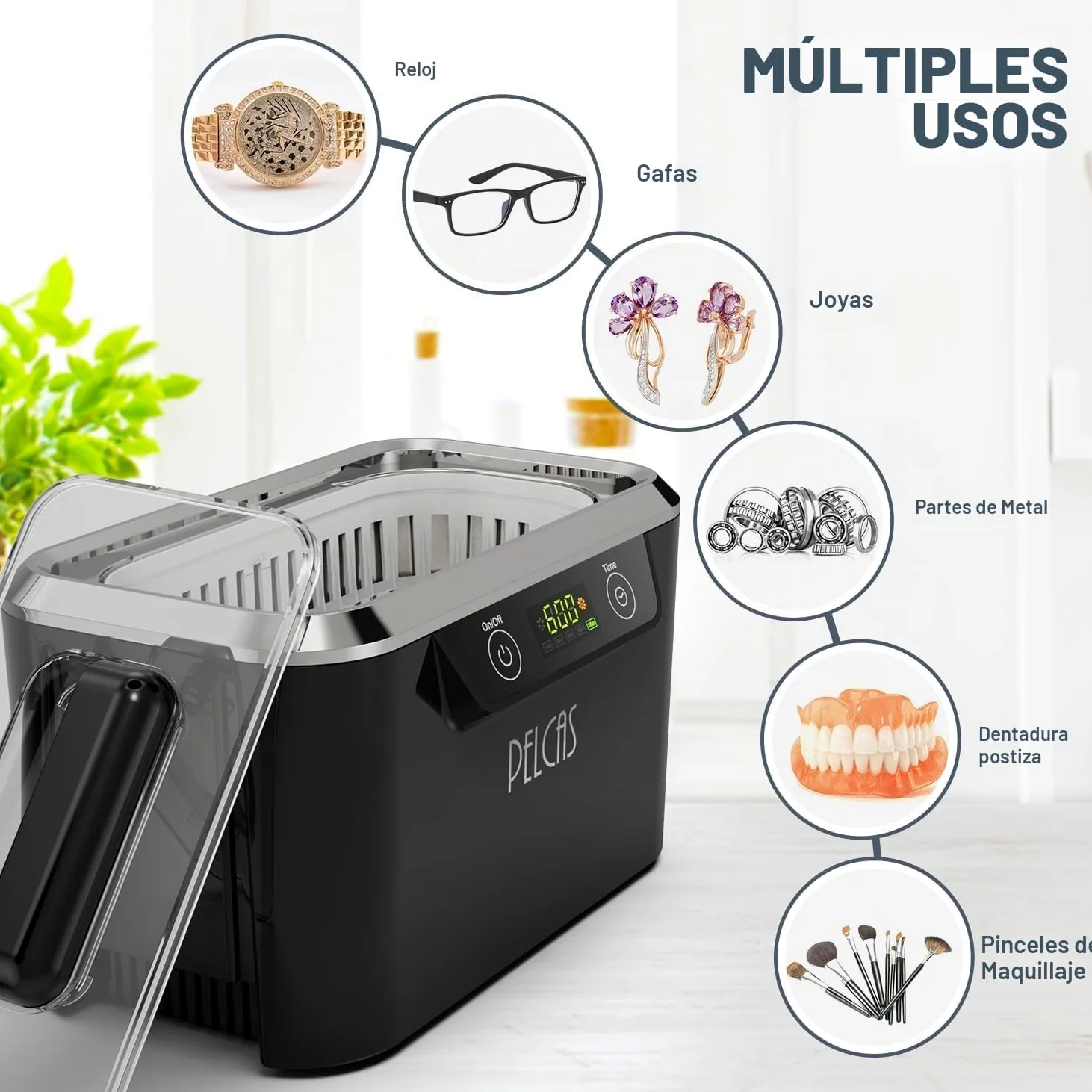 PELCAS Limpiador Ultrasonidos con Transductores Duales Limpiador Ultrasónico 800ML 42KHz con Pantalla Táctil y 5 Configuraciones de Tiempo para Anteojos, Relojes, Joyas, Dentaduras Postizas (Negro)