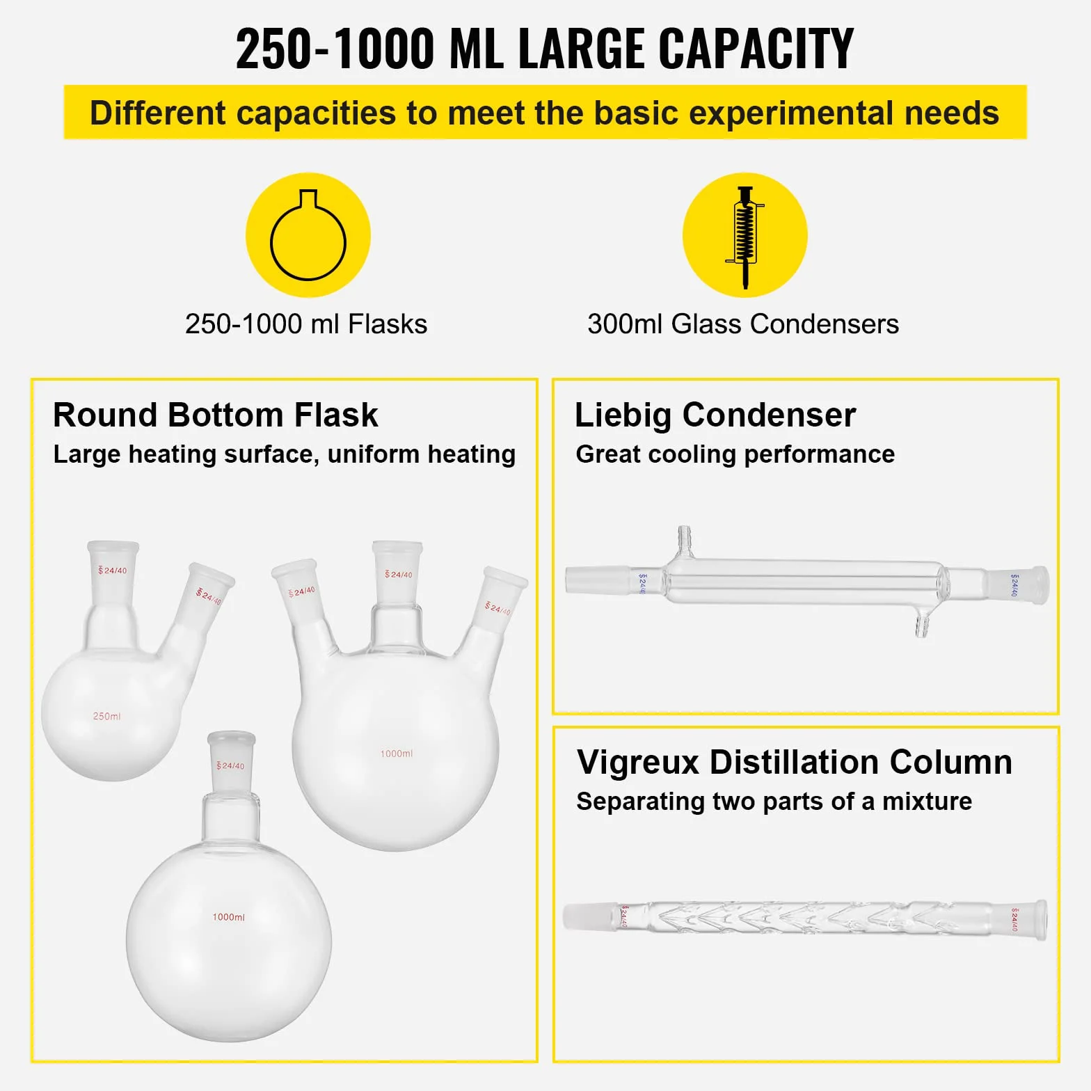 VEVOR Kit de Destilación de Laboratorio de Vidrio Boro 3.3, 1000 ml, 29 Piezas, con 24 y 40 Compuestos