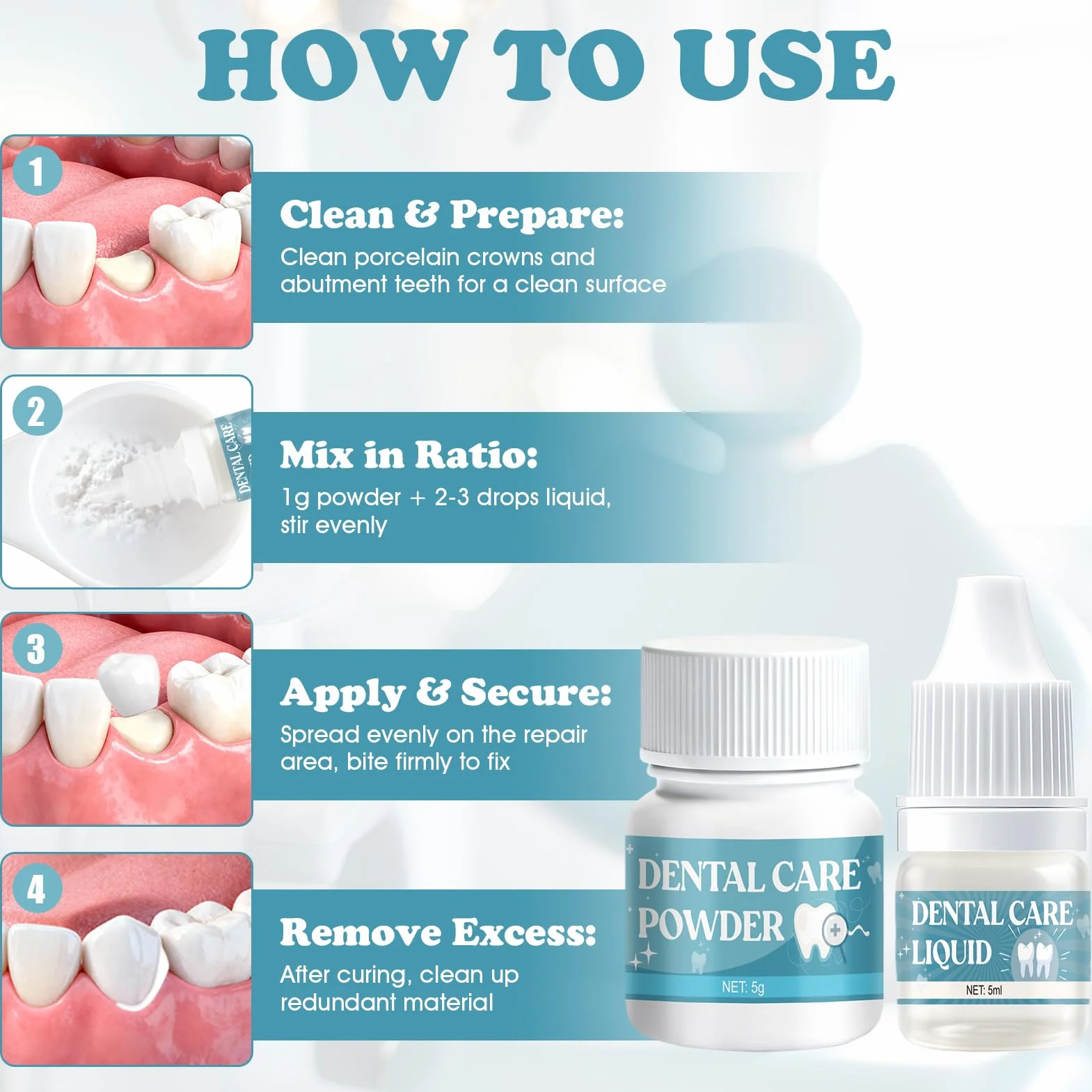 Pegamento Dental Cemento Kit de Fijación para Corona Puente Rellenar Caries