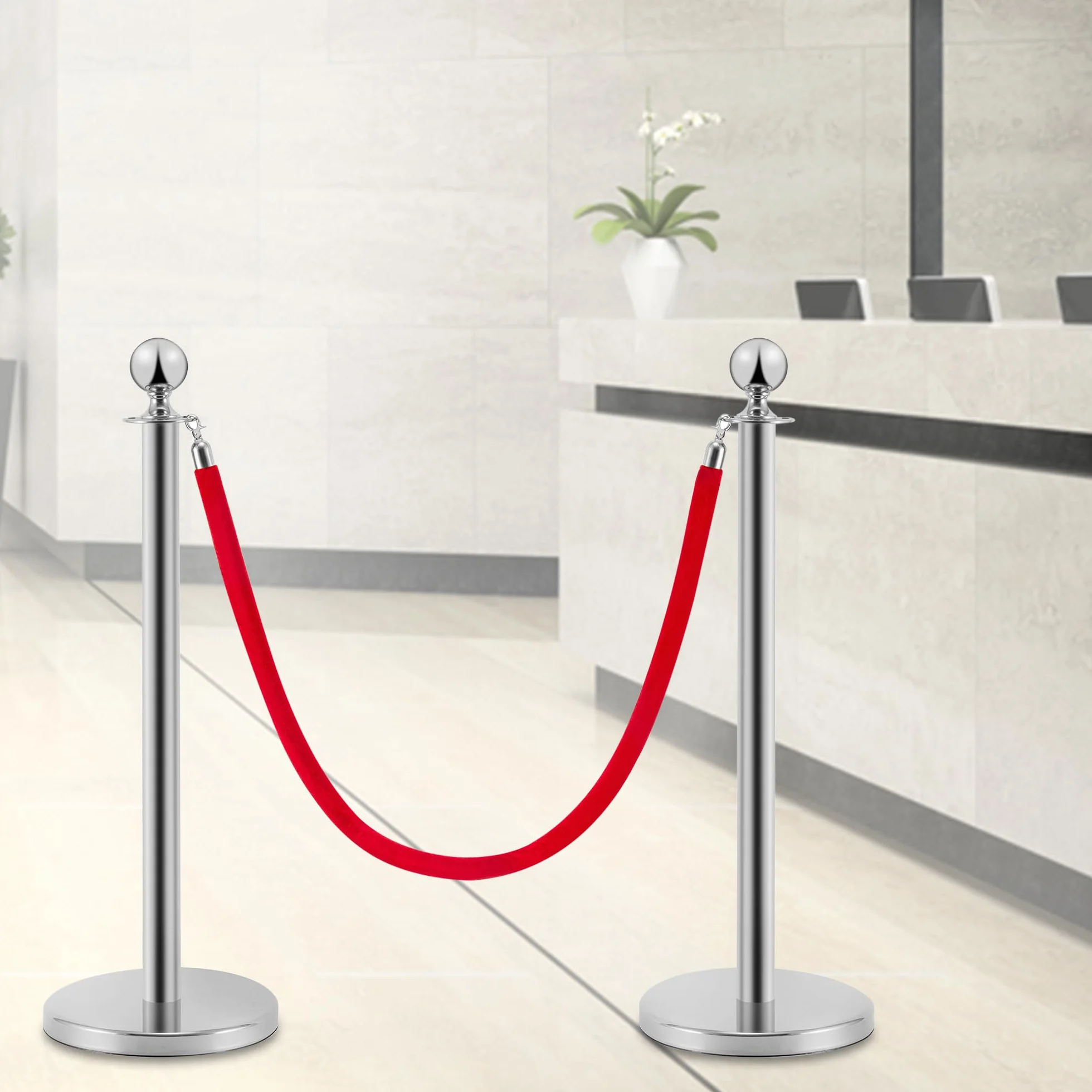 Postes Separadores de Acero Inoxidable 90 cm, 2 Piezas, Cuerda de Terciopelo Rojo 1,5 m, Control de Multitudes