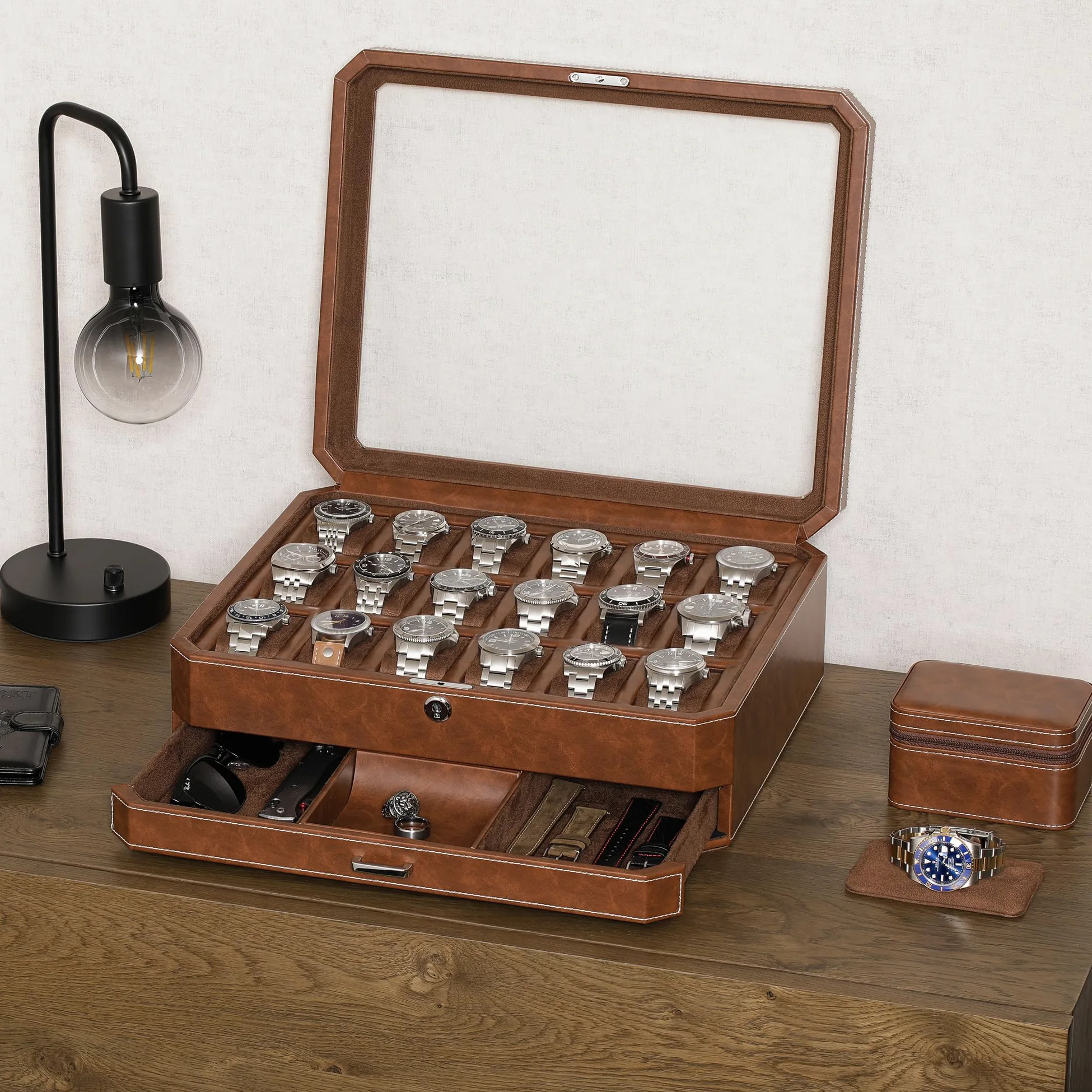 ROTHWELL Caja para 18 relojes con cajón para accesorios (marrón claro/marrón)