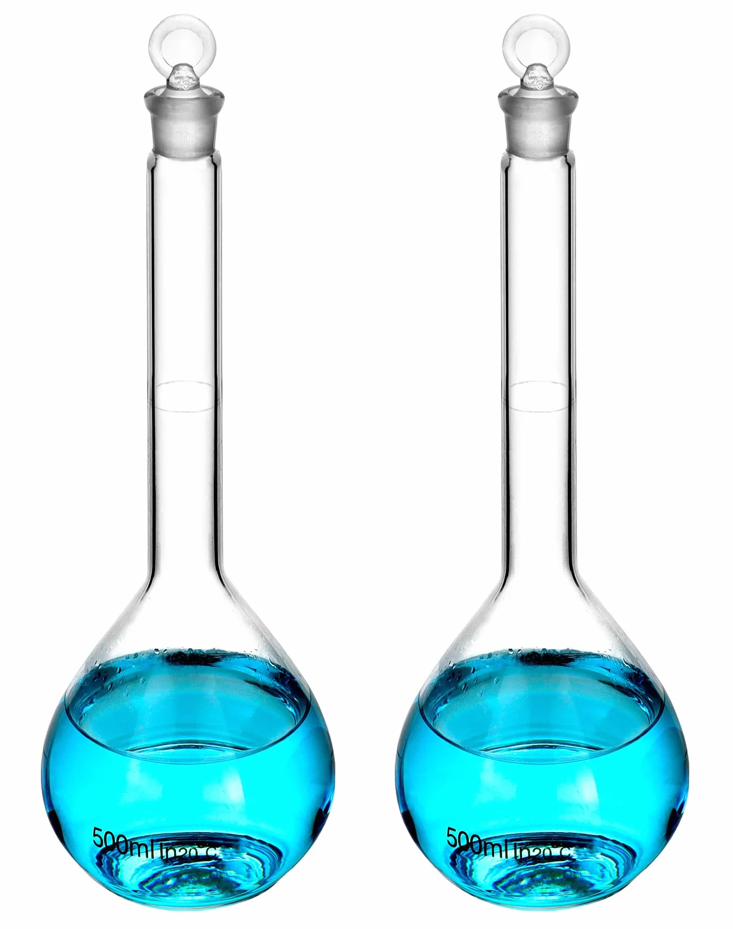 QWORK Frasco volumétrico de 500 ml con tapón de vidrio, vidrio de borosilicato alto 3.3, 2 unidades