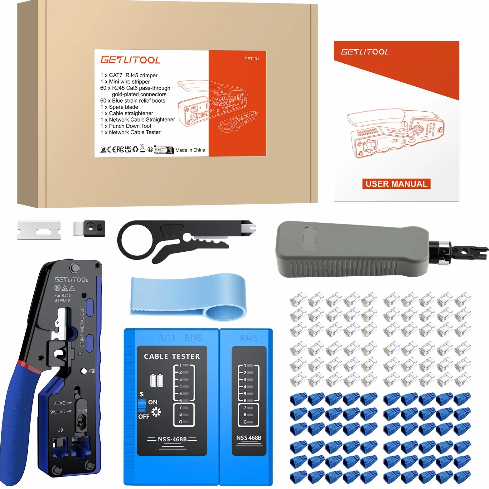 GETLITOOL Crimpadora RJ45 Kit Completo con 60 Conectores Cat6 Dorados Pelacables Probador de Red Herramientas para Crimpar Ethernet Cat5e/Cat6/Cat6a/Cat7