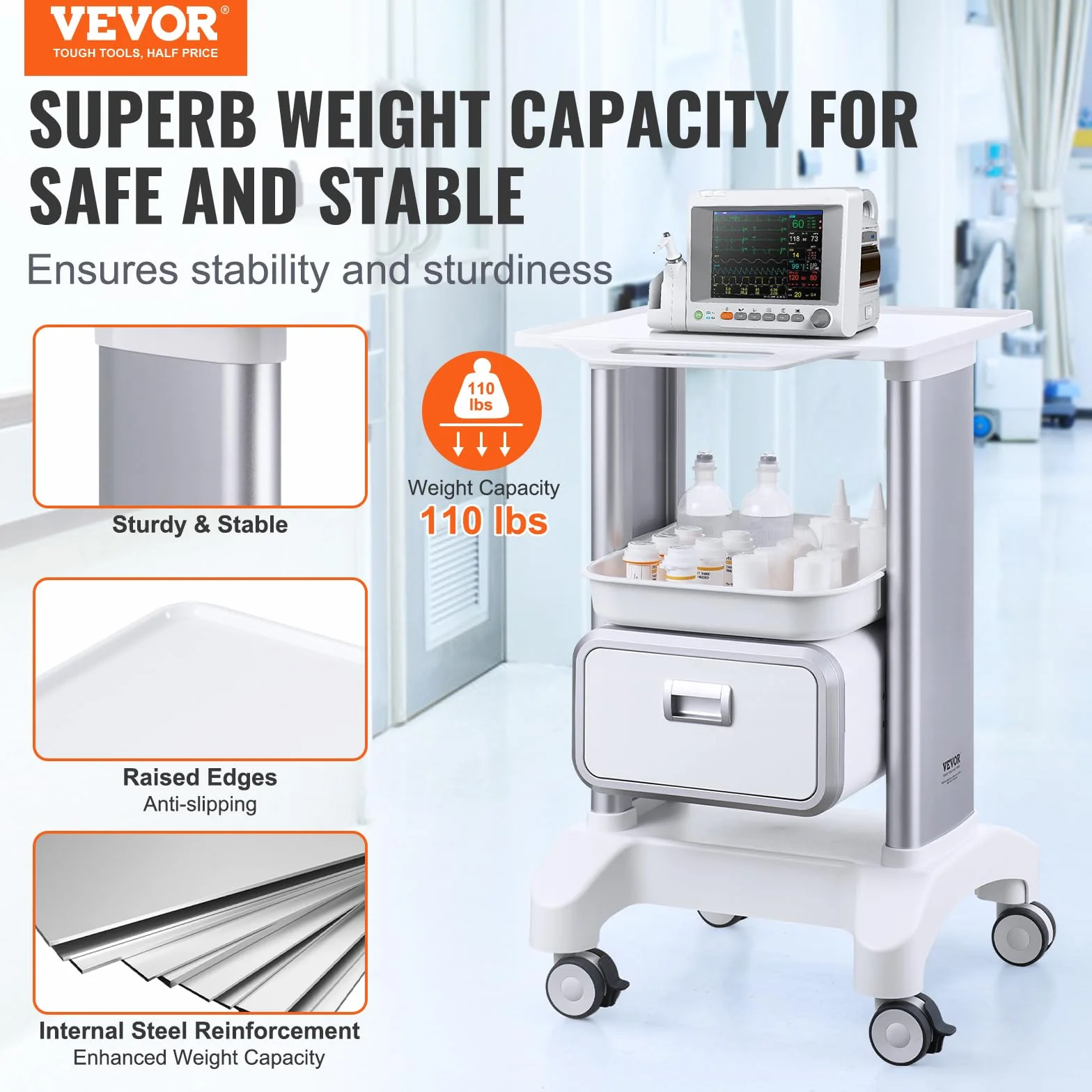 VEVOR Carro Médico de 2 Niveles con 1 Cajón, Bandeja Superior, Ruedas Silenciosas, ABS, Blanco