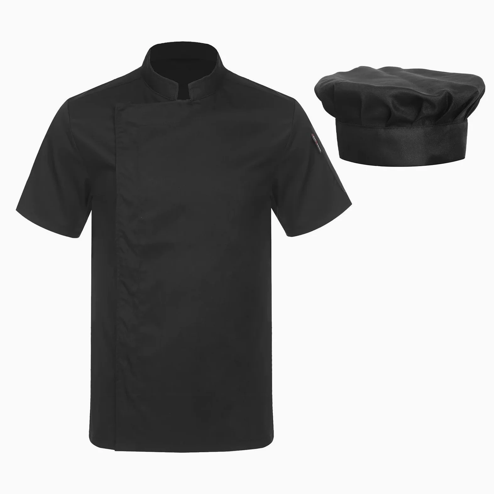 Ropa De Cocinero Chaqueta de Chef de Uniforme de Cocina de Restaurante de Hotel con Sombrero, Panadero, Catering, Cocina, Camisa Blanca de Manga Corta for Hombres y Mujeres(Black,3XL)