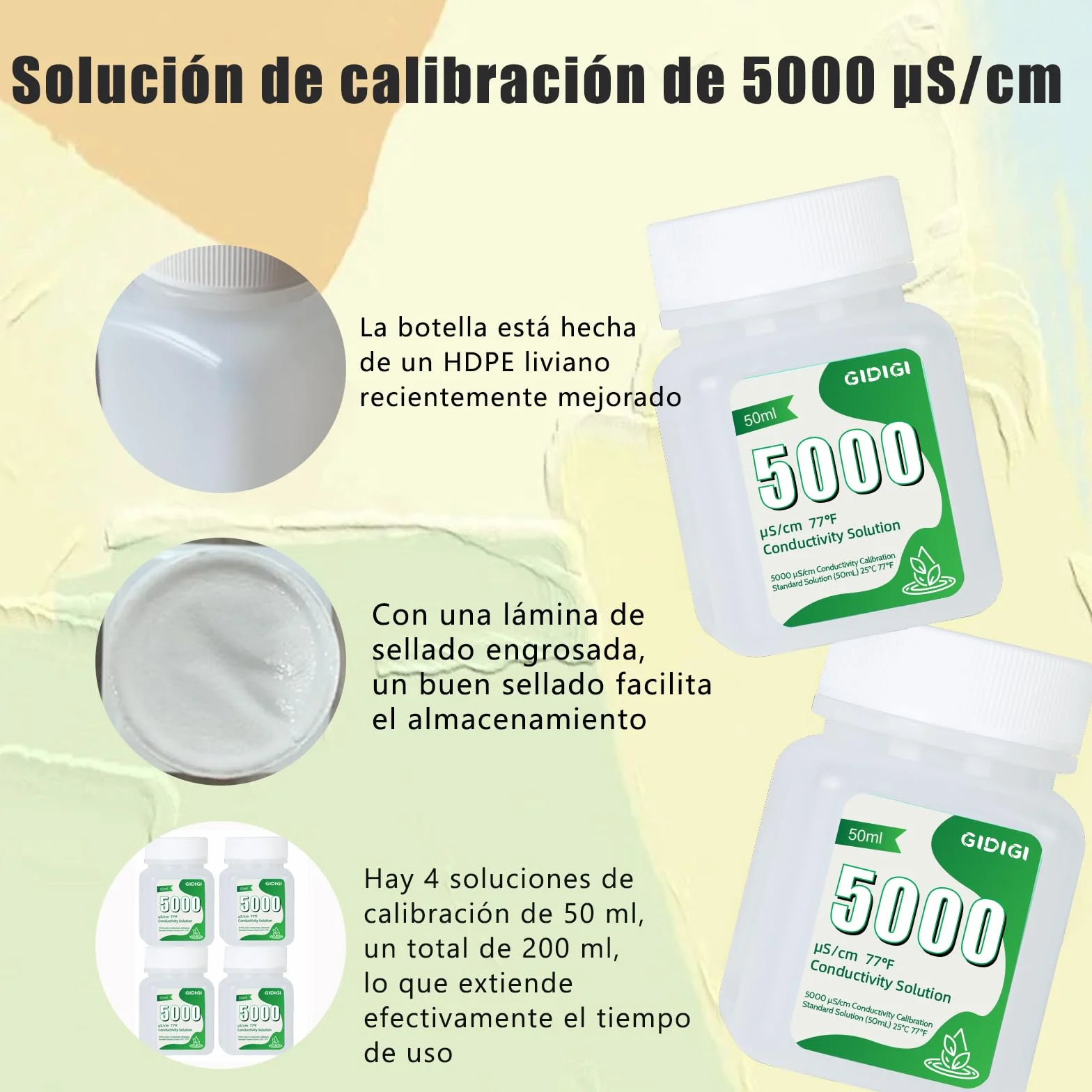 Solución de calibración EC TDS 5000μS/cm, 4 botellas de 50 ml para medidores EC TDS