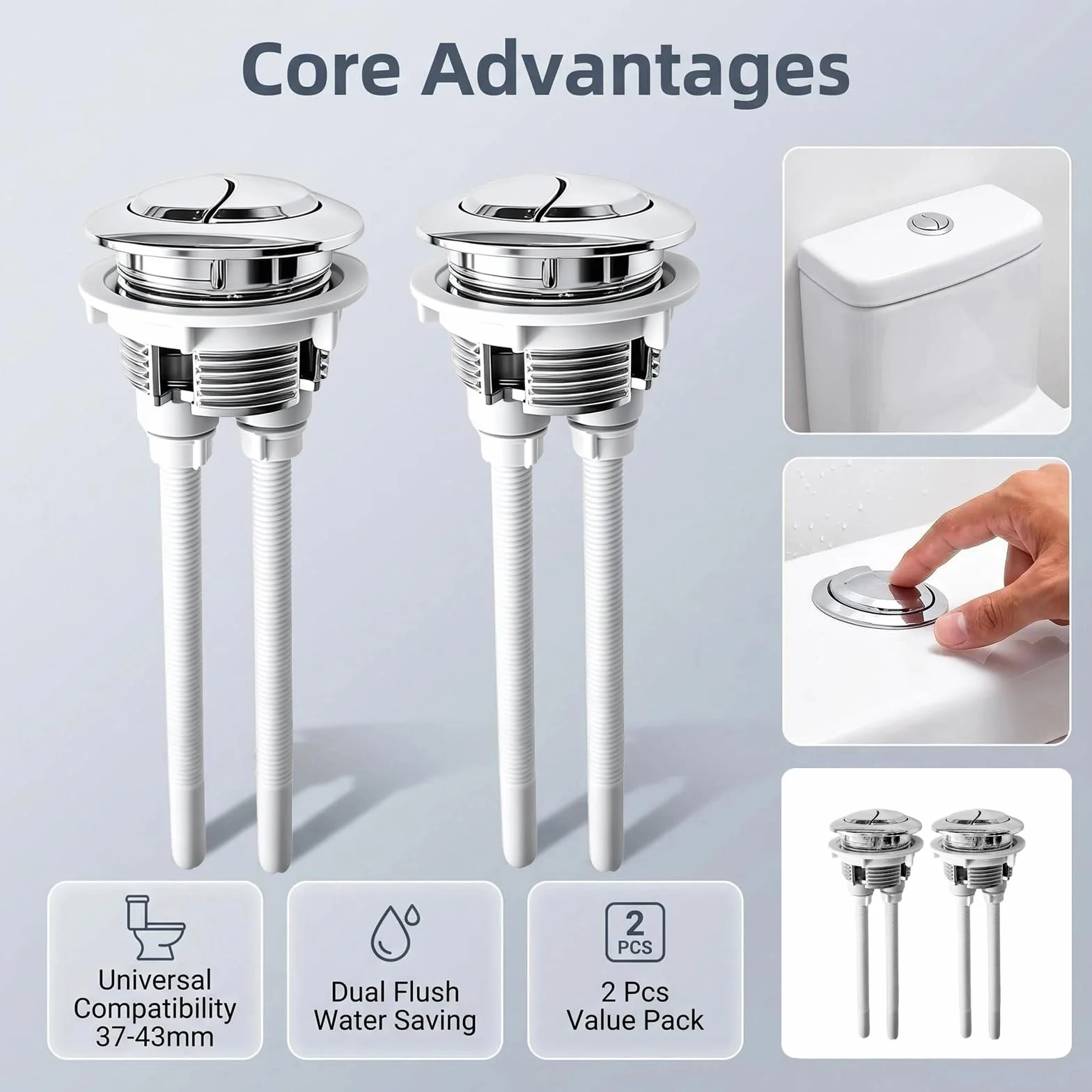 Botones de repuesto de doble descarga para WC 38 mm – Universal para tapas 37-44 mm, acero inoxidable