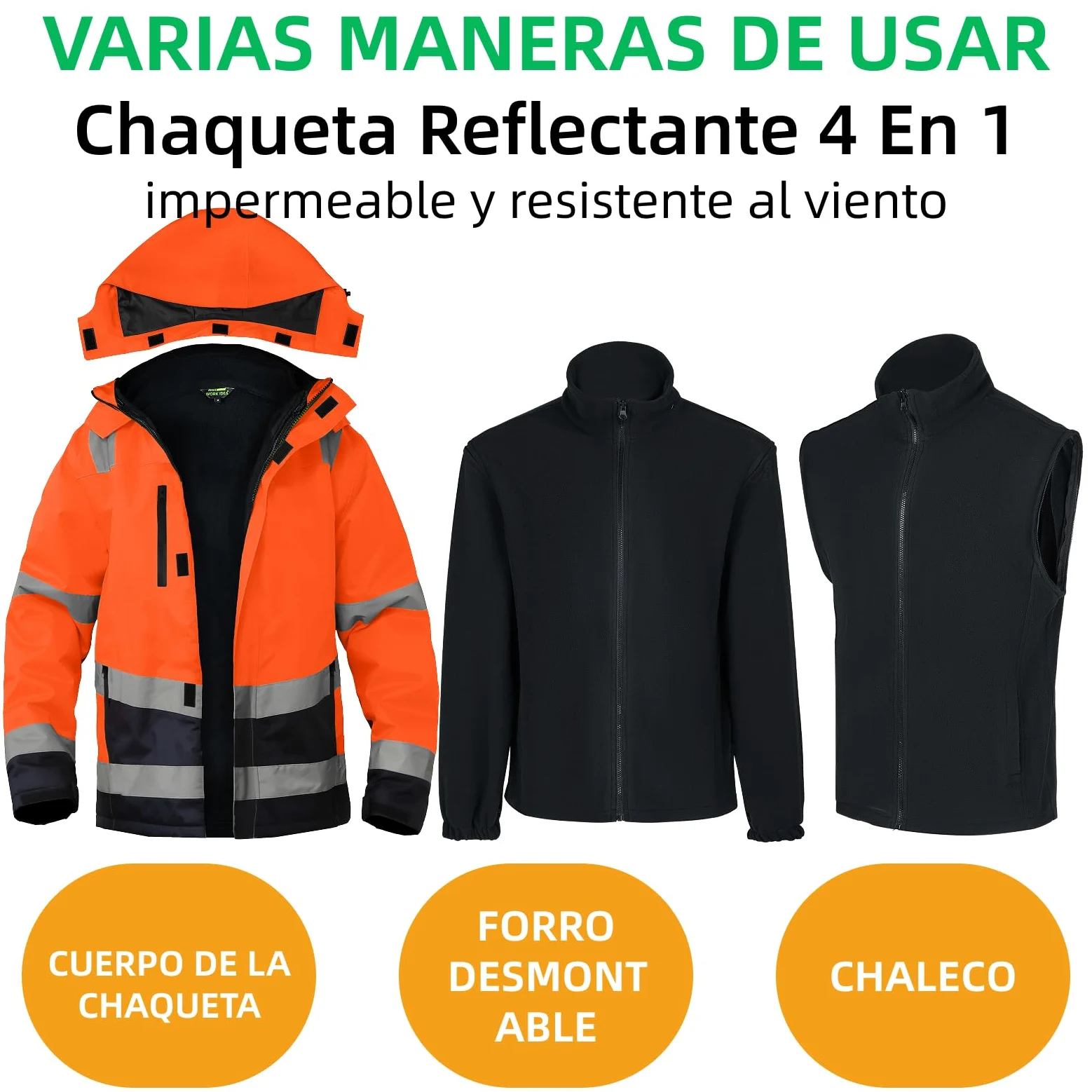 WORK IDEA Versátil chaqueta de trabajo 3 en 1 con reflectores. Impermeable, resistente al viento, transpirable. Ropa de trabajo de invierno ideal y chaqueta de seguridad para todas las estaciones