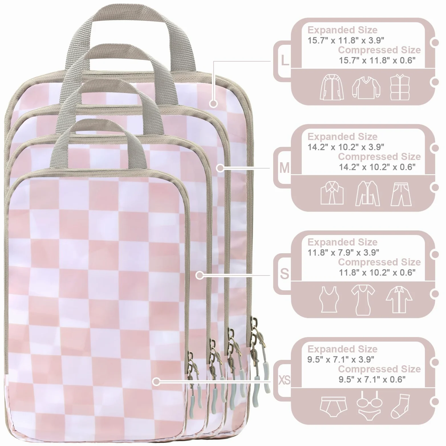 WOOMADA Cubos de compresión para maletas, esenciales de viaje, juego de 4 bolsas de viaje expandibles, organizador para equipaje (tablero de ajedrez rosa)