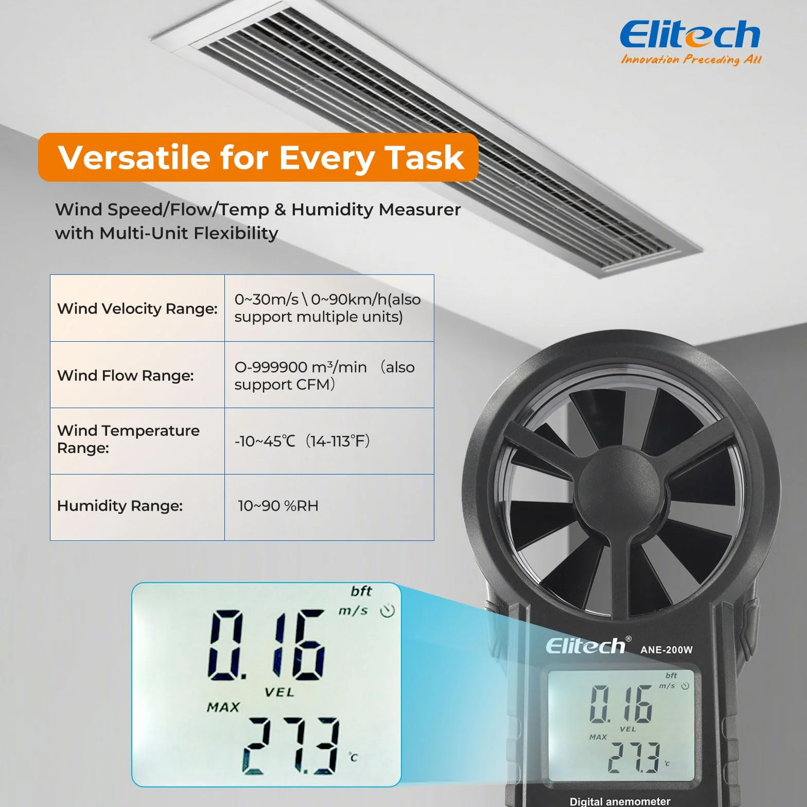 Elitech Anemómetro Digital Bluetooth ANE-200W Medidor Velocidad Viento Temperatura USB CFM/CMM