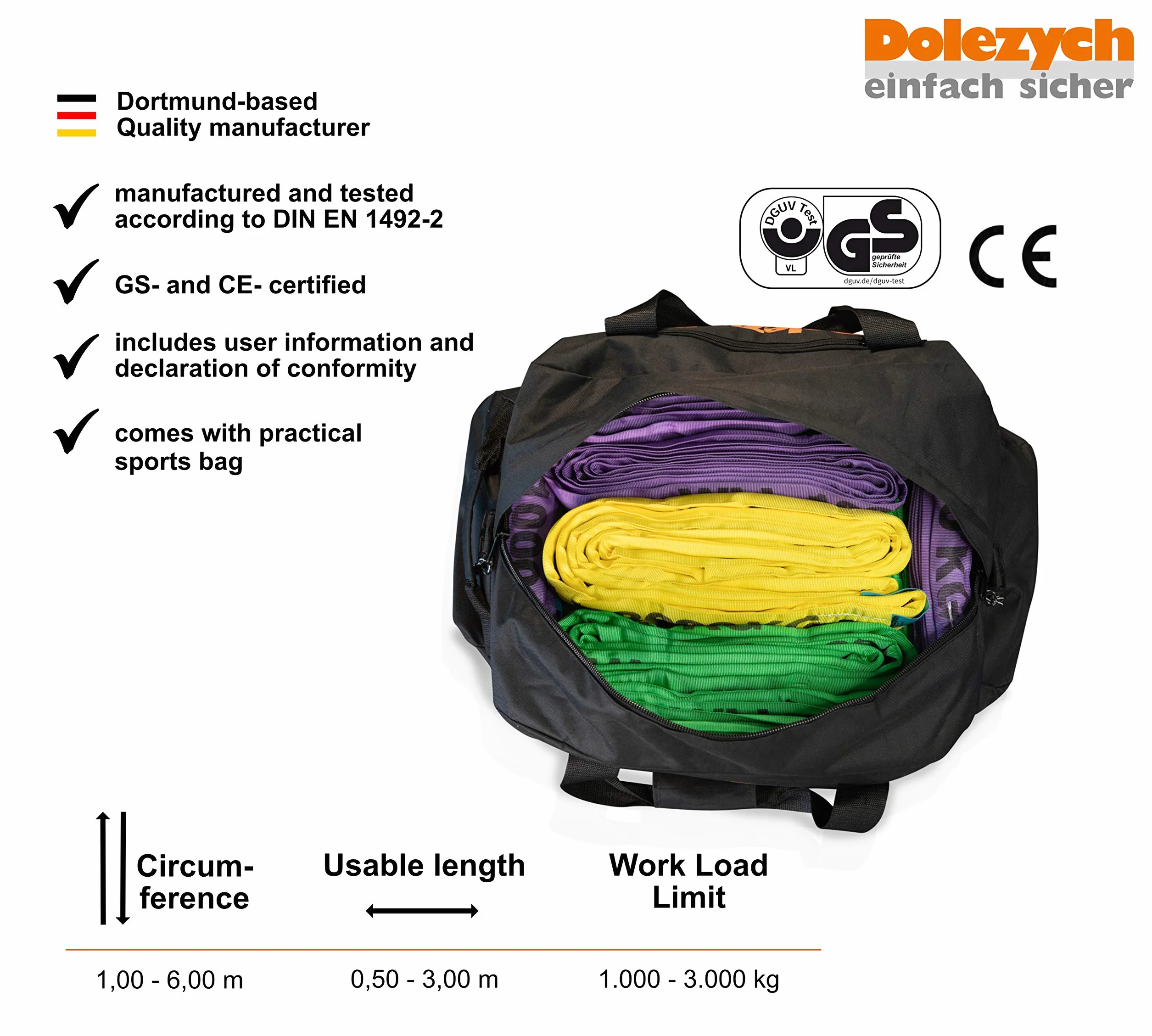 Dolezych Set de Eslingas Redondas 20 Piezas 1000-3000 kg Moradas Verdes Amarillas Grises