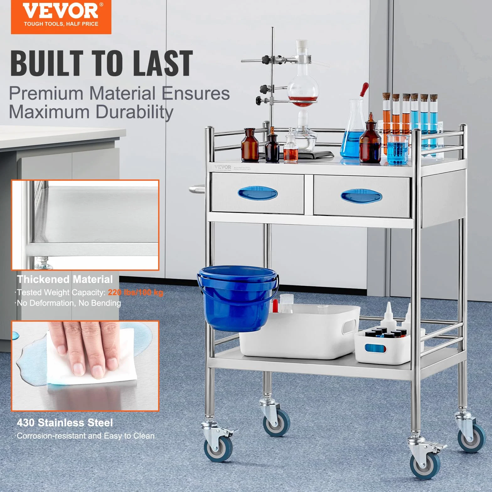 VEVOR Carrito de Médico 2 Capas 2 Cajones 59,9 x 42,9 x 85,1 cm Acero Inoxidable 4 Ruedas Omnidireccional