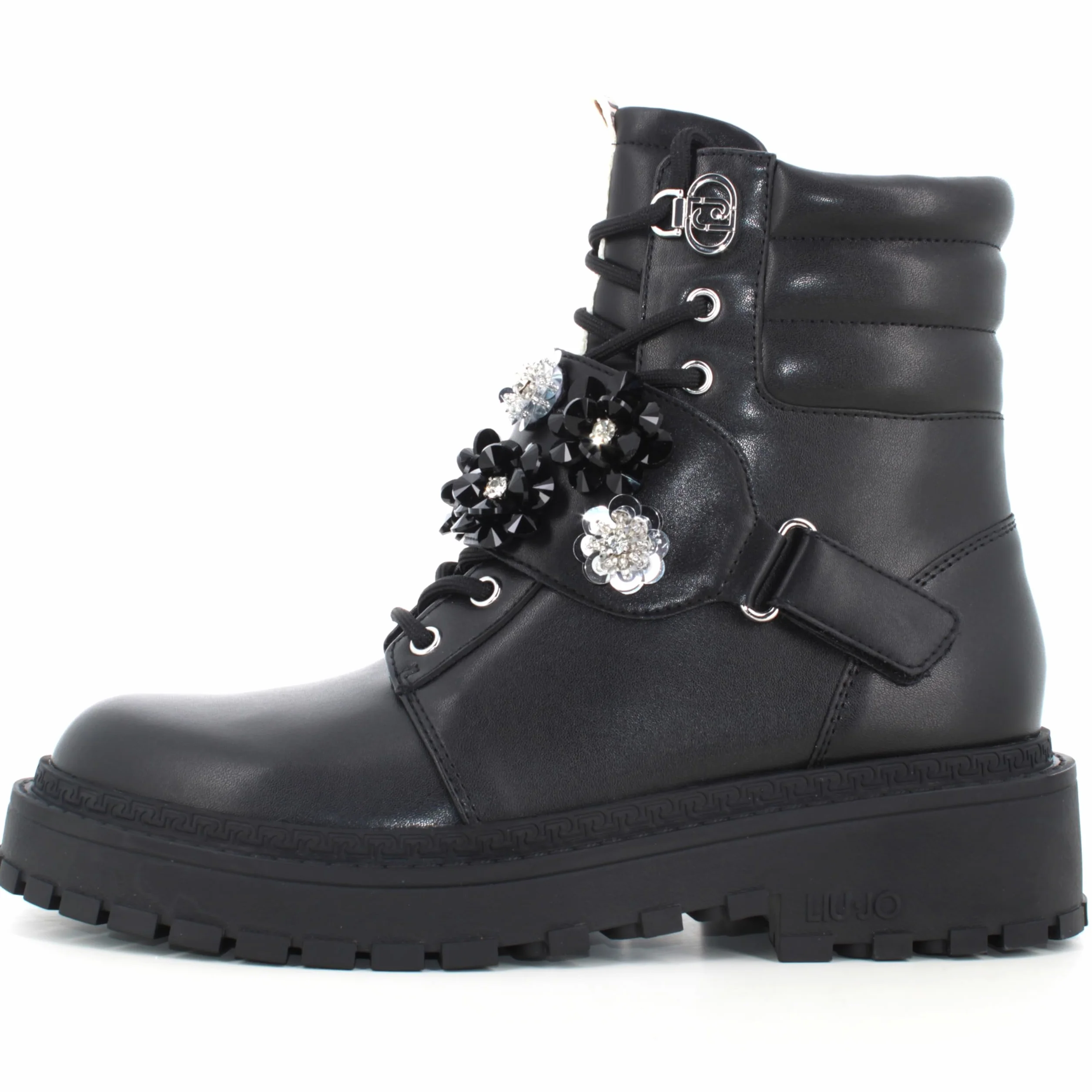 Liu Jo Botas Militares con Flores de Cristal, Negro, Cuero, Suela de Goma, Estilo Combat (Negro, Mediano, Sistema tallas calzado EU, Adulto, Números, mediano, 39)