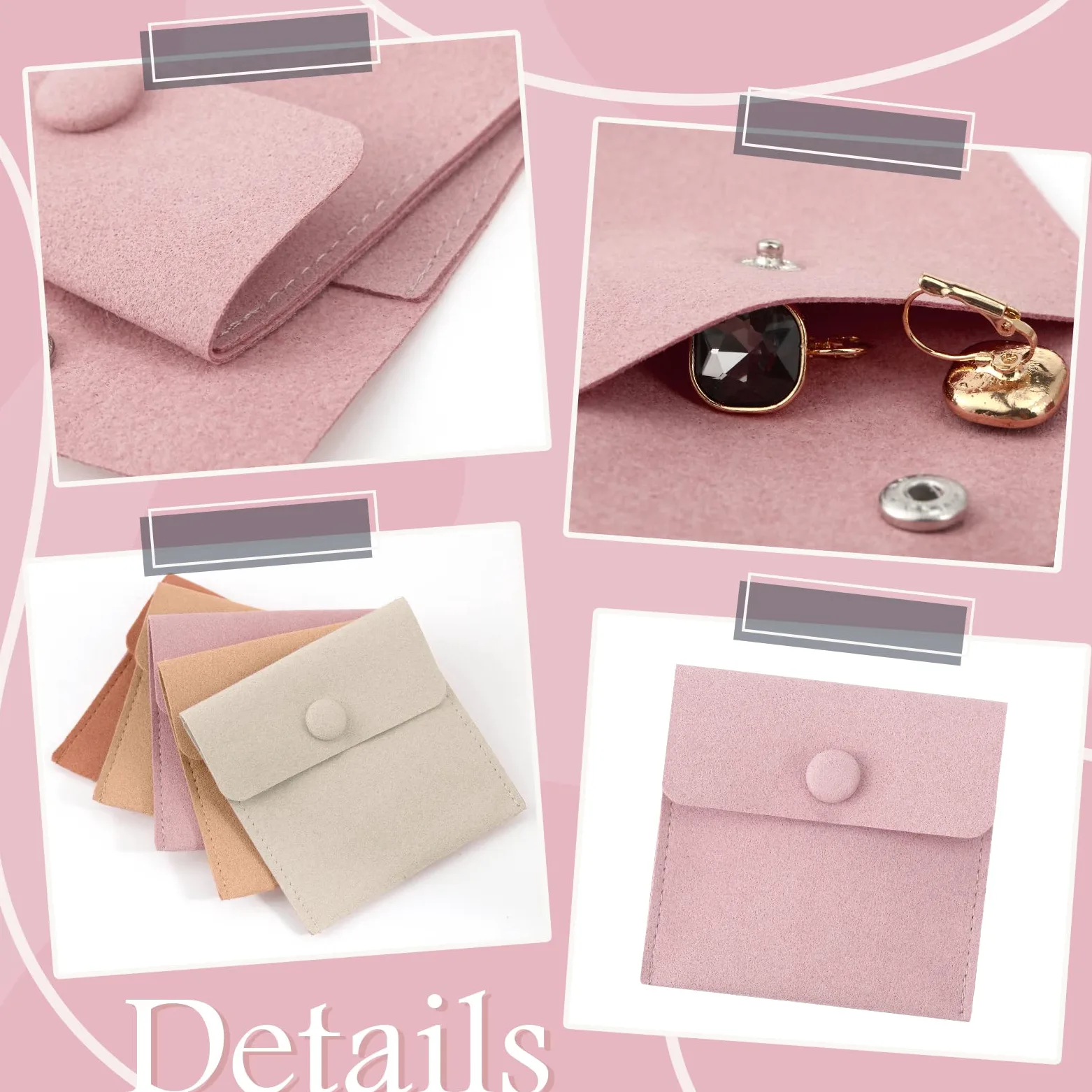 Bonuci Bolsa de microfibra para joyas, 8 x 8 cm, bolsa de embalaje de joyería, bolsa de regalo pequeña de lujo, botón a presión con divisor, bolsa de microfibra para embalaje de pulseras y collares