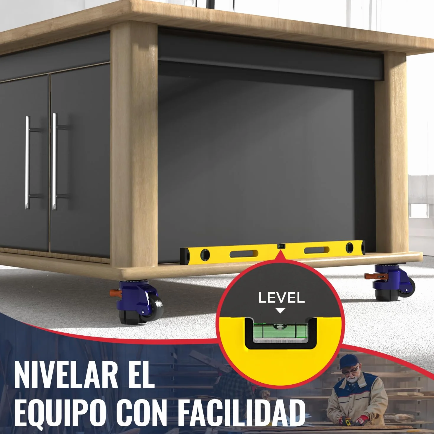 Ruedas de Nivelación con Mango de Trinquete 1200 kg 107-114 mm Giratorias para Bancos de Trabajo