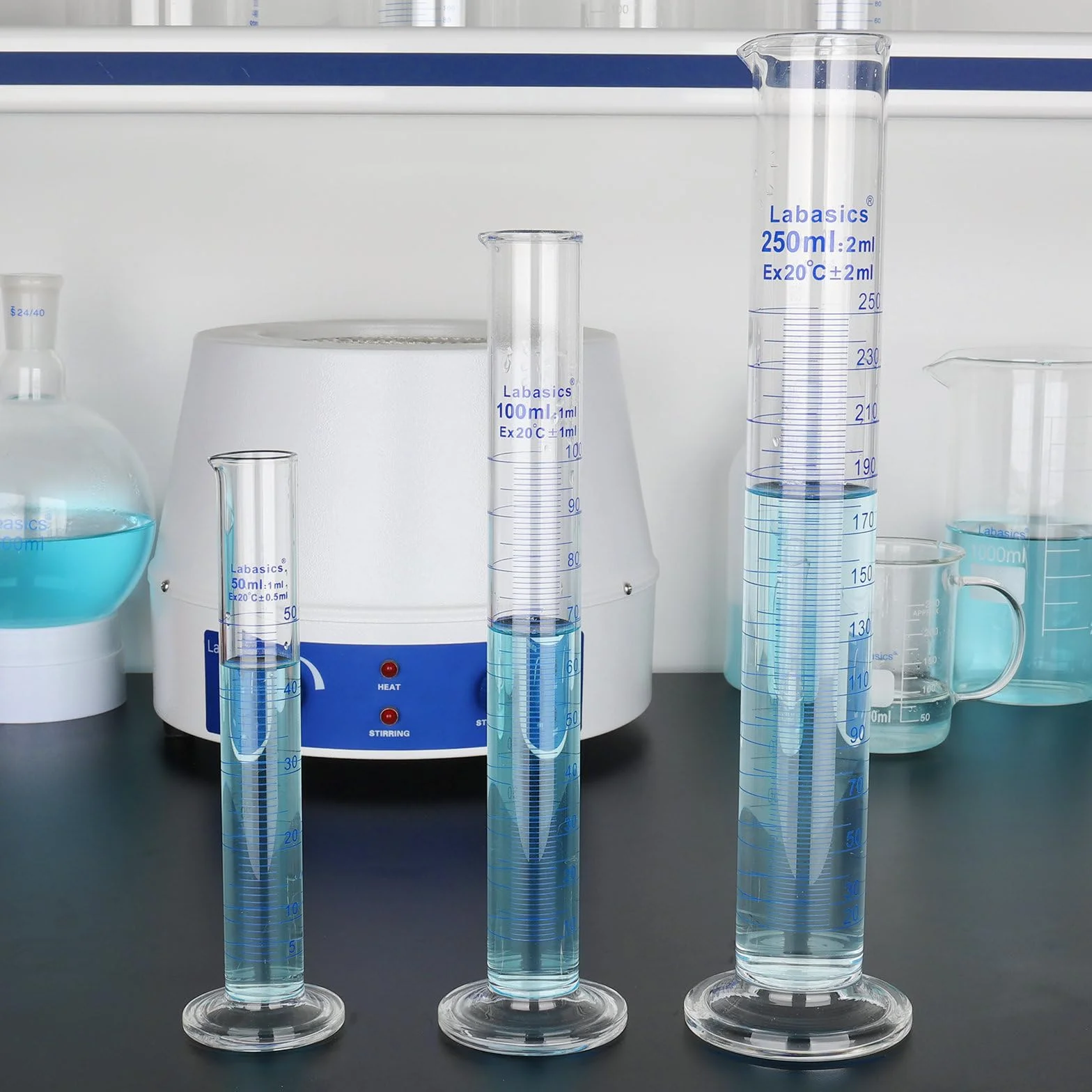 Labasics 4-Pack Vidrio de Borosilicato 100 ml Cilindro Graduado de Medición Pared Gruesa