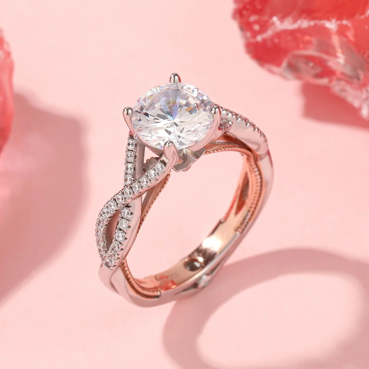 Jeulia Anillos de dos tonos de plata esterlina para mujer: Anillo de filas de torsión de eternidad de corte redondo Anillo de compromiso de promesa Anillo de compromiso de joyería de circonio cúbico