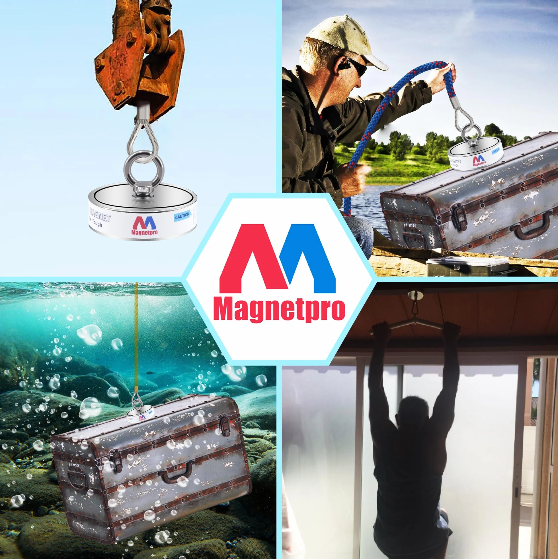 Magnetpro Juego de Imanes de Recuperación 1220 kg, Imán de Pesca Doble Cara, Neodimio, Cuerda 20m, Mosquetón, Guantes, Gancho, Bolsa