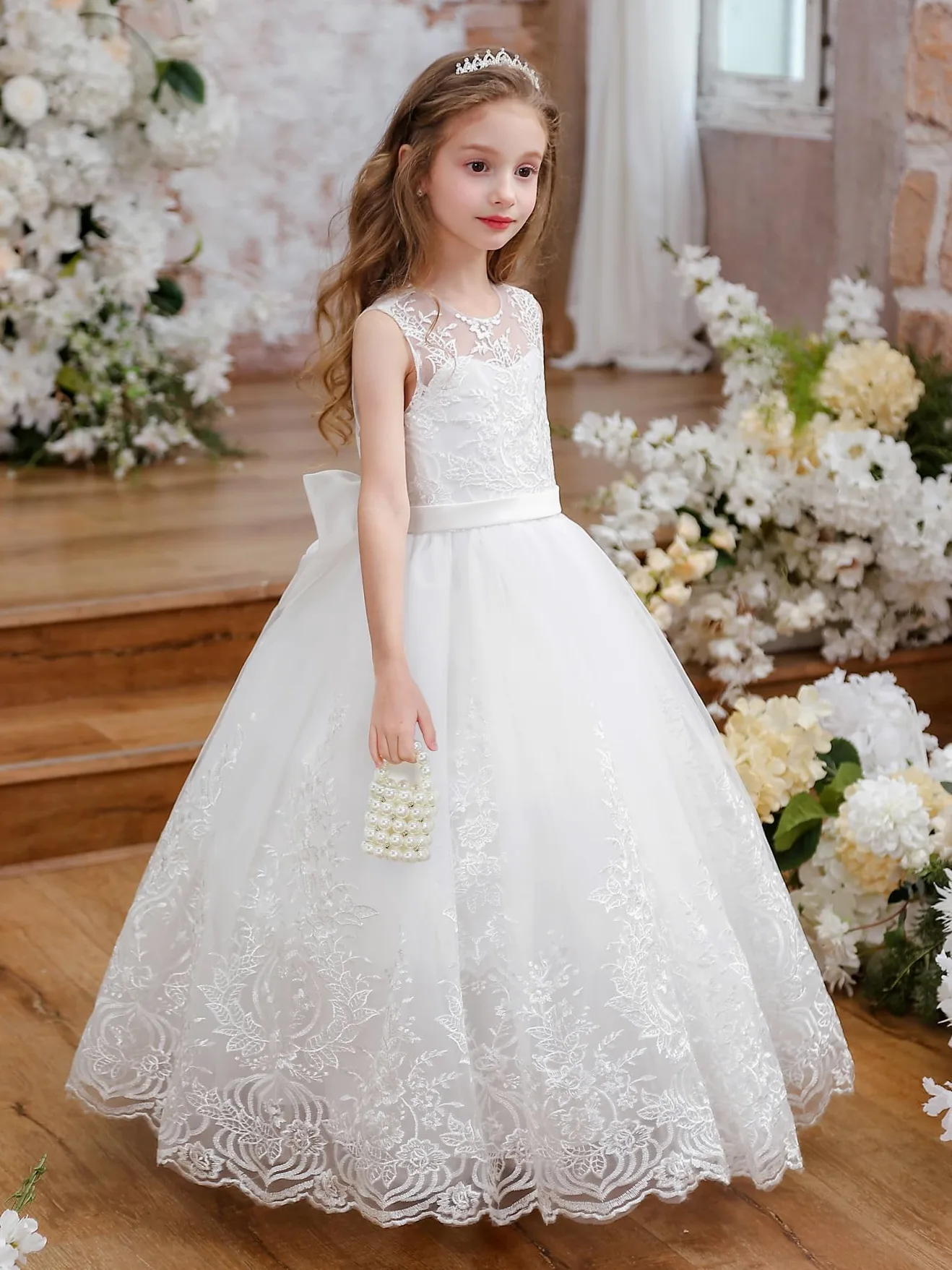 Aibaowedding Vestido de niña de flores bordado de tul de encaje vestido de fiesta de dama de honor cumpleaños fiesta comunión arco formal vestido de princesa