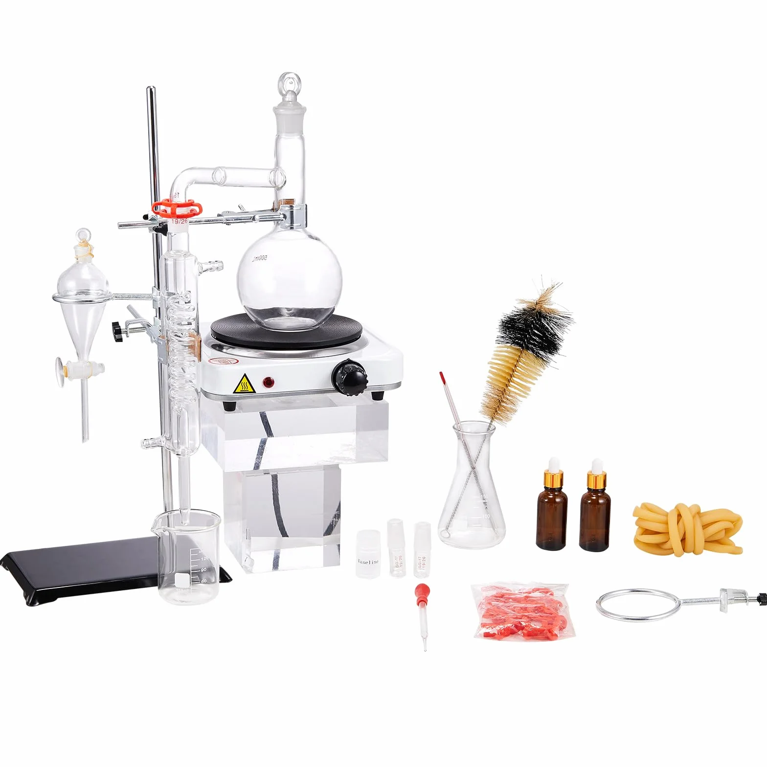 VEVOR Kit de destilación de aceite esencial de 33 piezas, 500 ml, Boro 3.3, placa calefactora 1000 W, junta 24/40