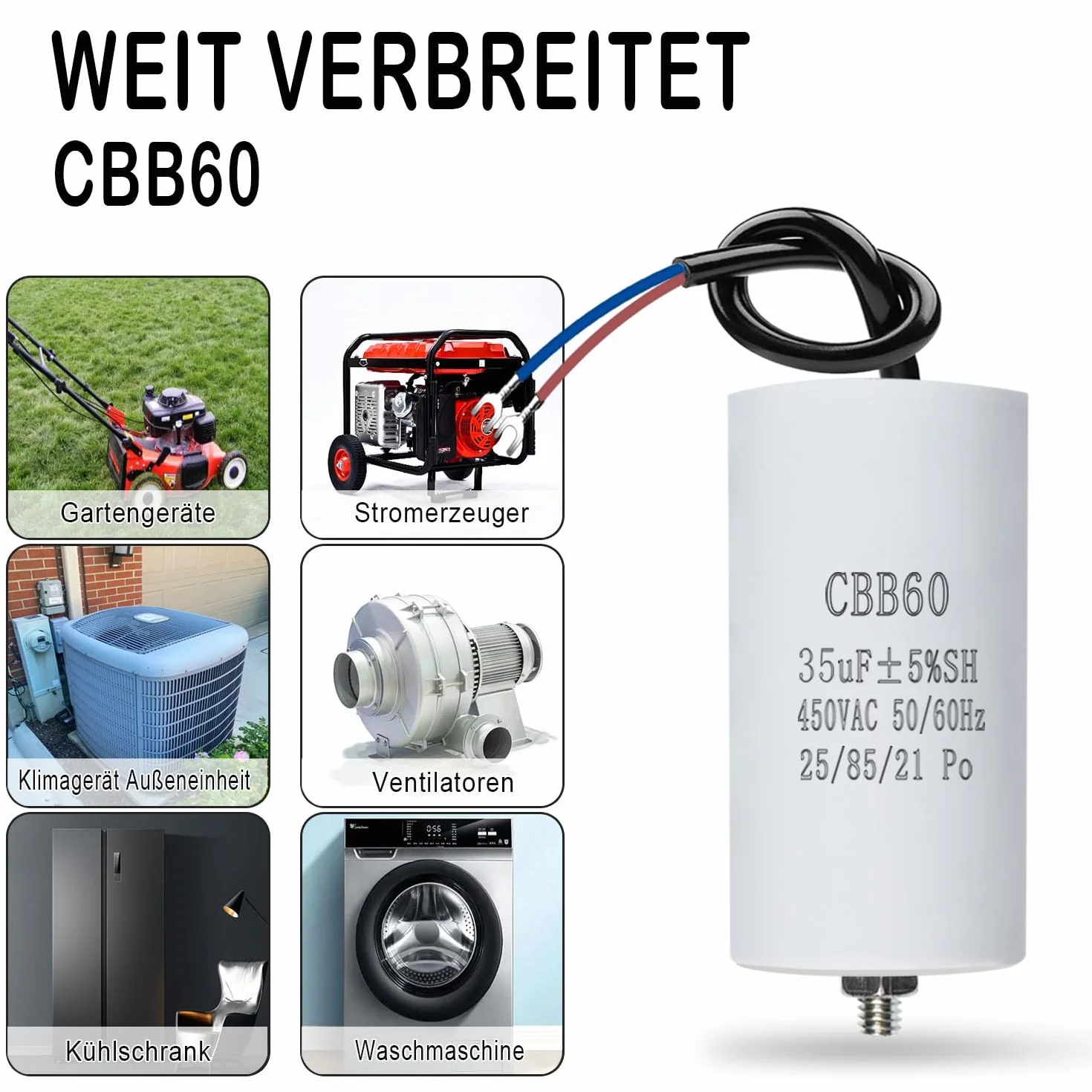 ANGEEK CBB60 450V 35µF 50/60Hz Condensador de arranque para motor 50x106mm
