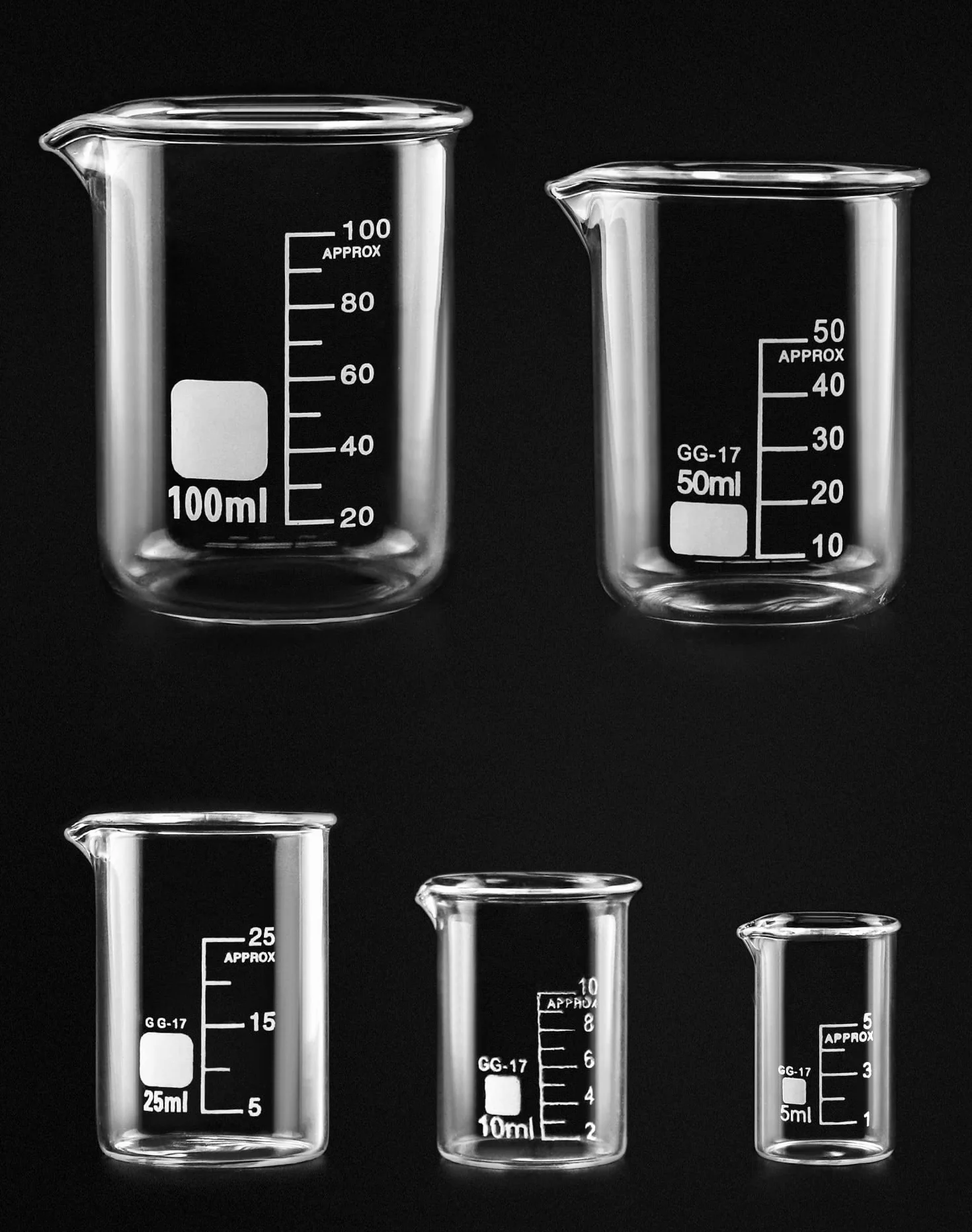 QWORK 5 Piezas Vaso de Precipitados Graduado de Vidrio Borosilicato 3.3, 5ml 10ml 25ml 50ml 100ml