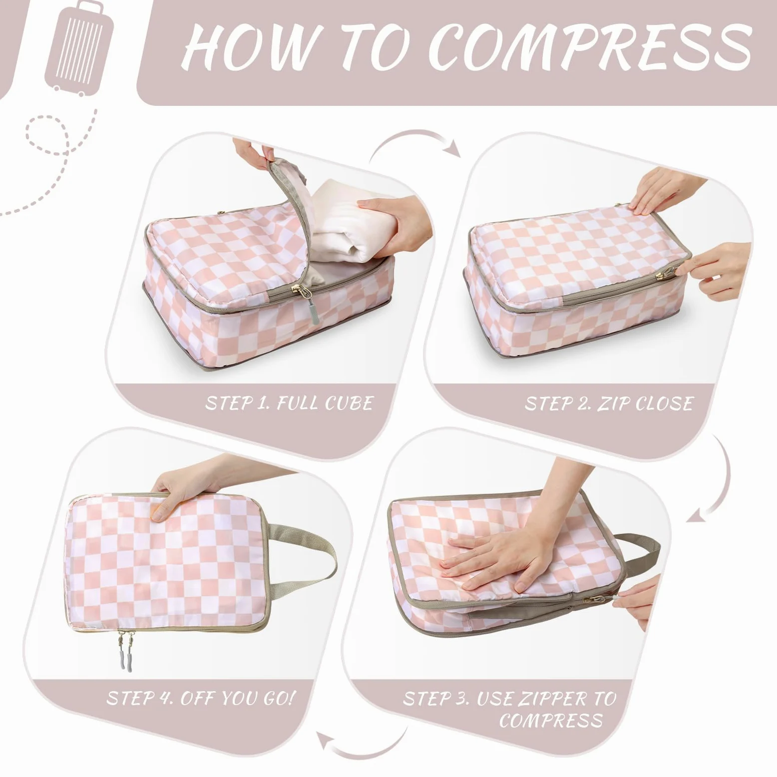 WOOMADA Cubos de compresión para maletas, esenciales de viaje, juego de 4 bolsas de viaje expandibles, organizador para equipaje (tablero de ajedrez rosa)