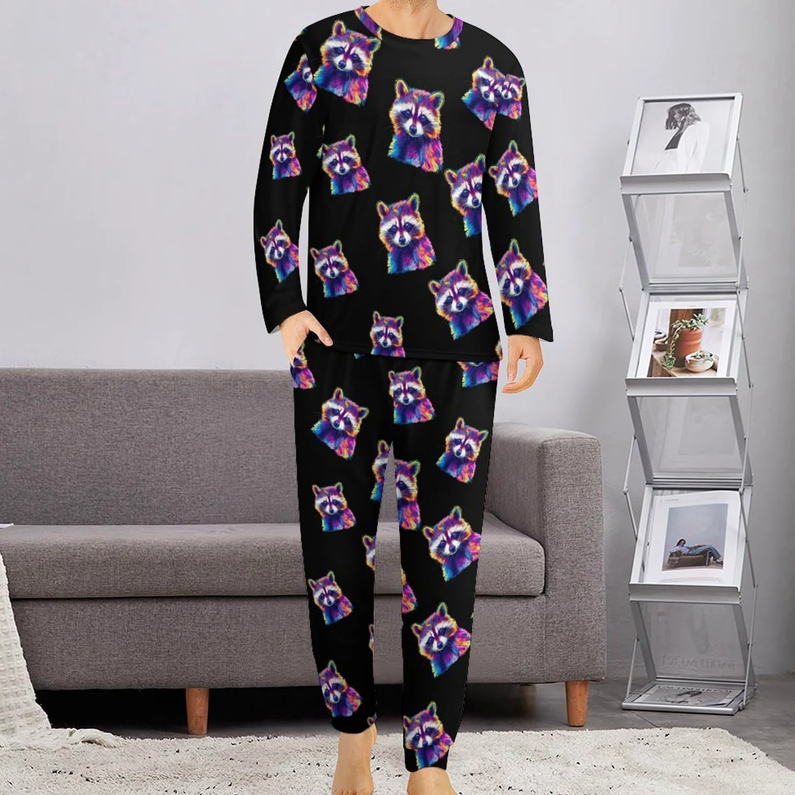 Colorido mapache - Conjunto de pijama para hombre, cuello redondo, ropa de descanso larga, 2 piezas