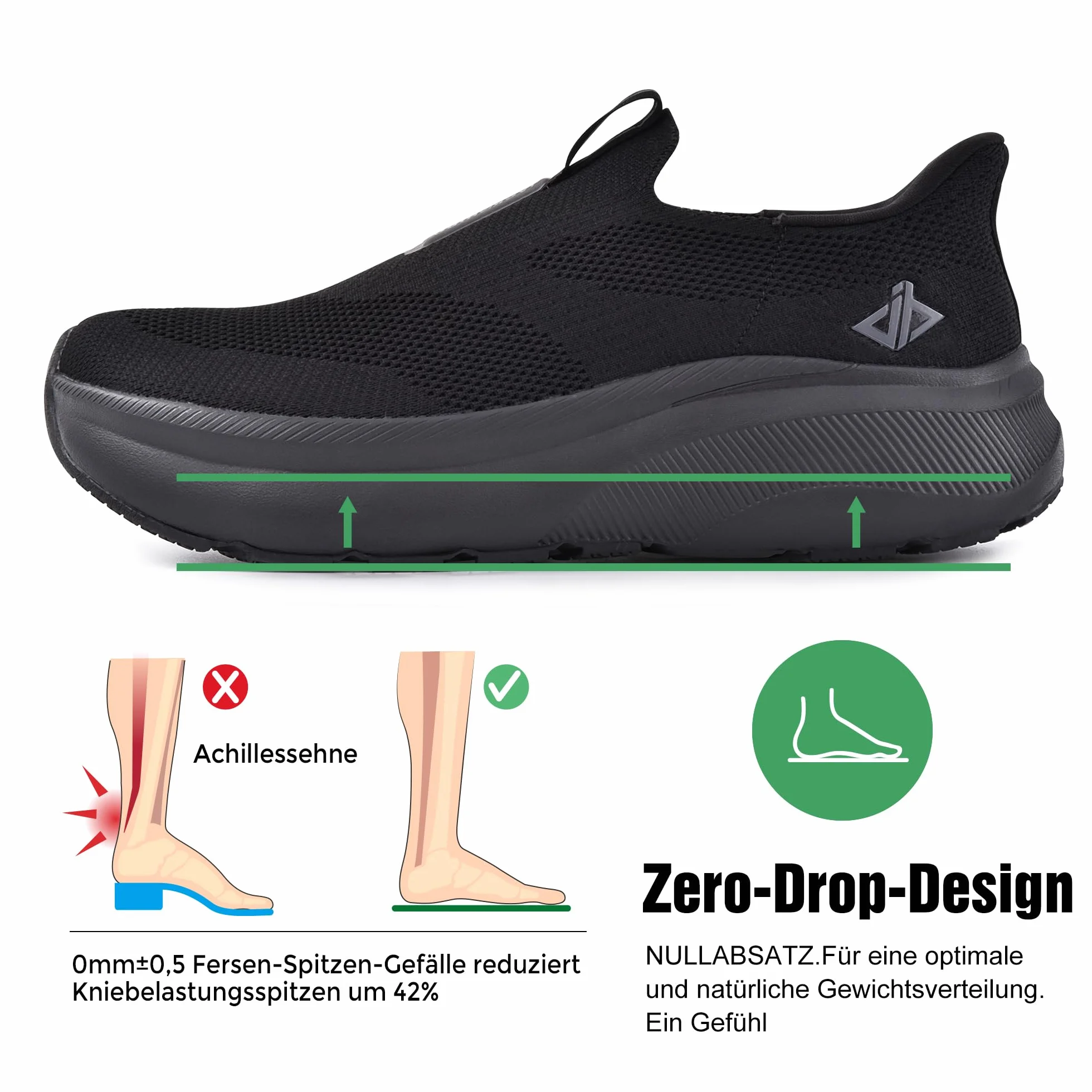 JACKSHIBO Zapatos Slip on Hombre Puntera Ancha Tacón Cero Espuma Viscoelástica Negro 44 EU