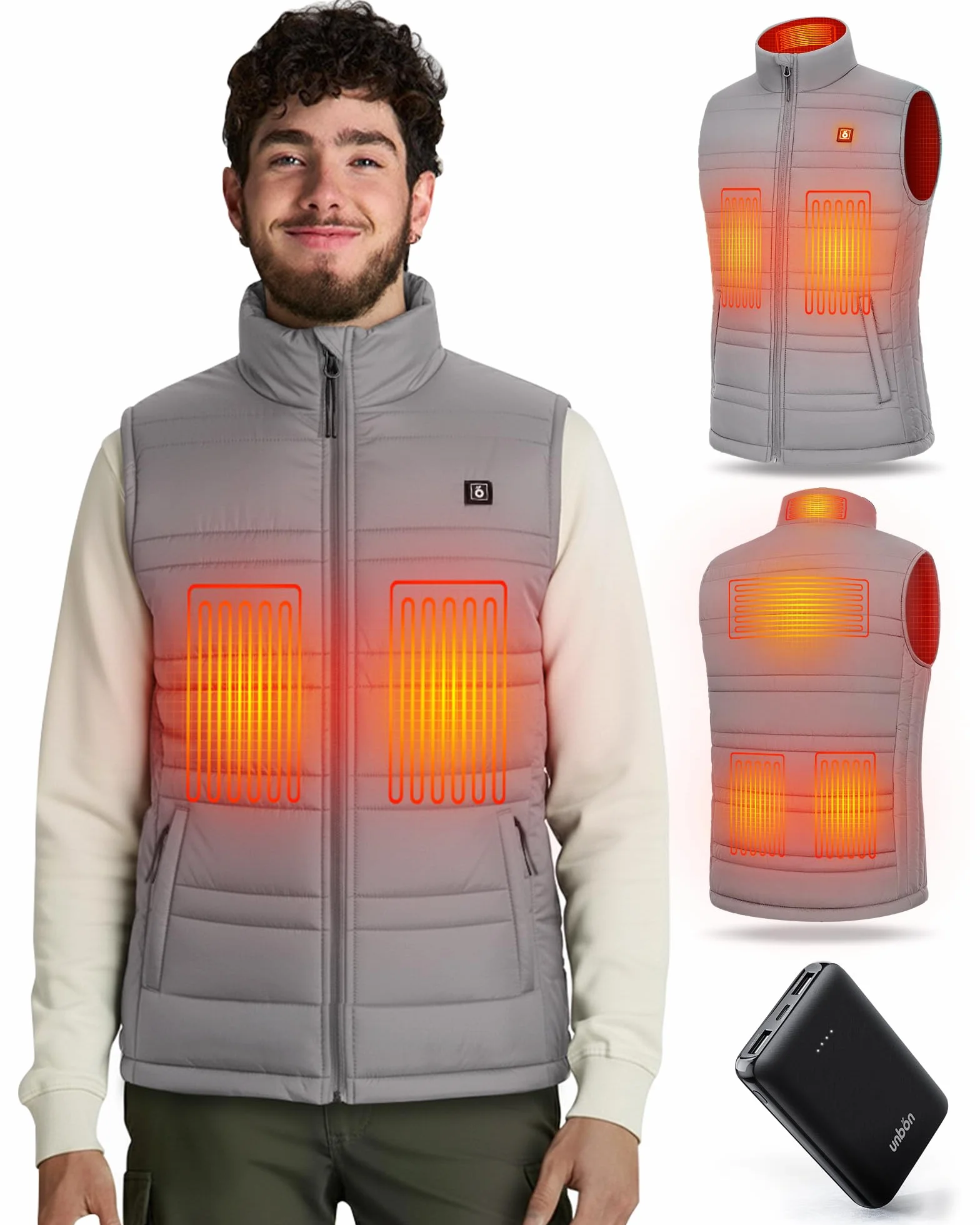 UNBON Chaleco Calefactable Hombre con Batería USB 10000mAh, Chaleco Térmico Eléctrico Calefactor Hombre con 3 Temperaturas 6 Zonas de Calor, Chaqueta Calefactable para Moto Caza Trabajo