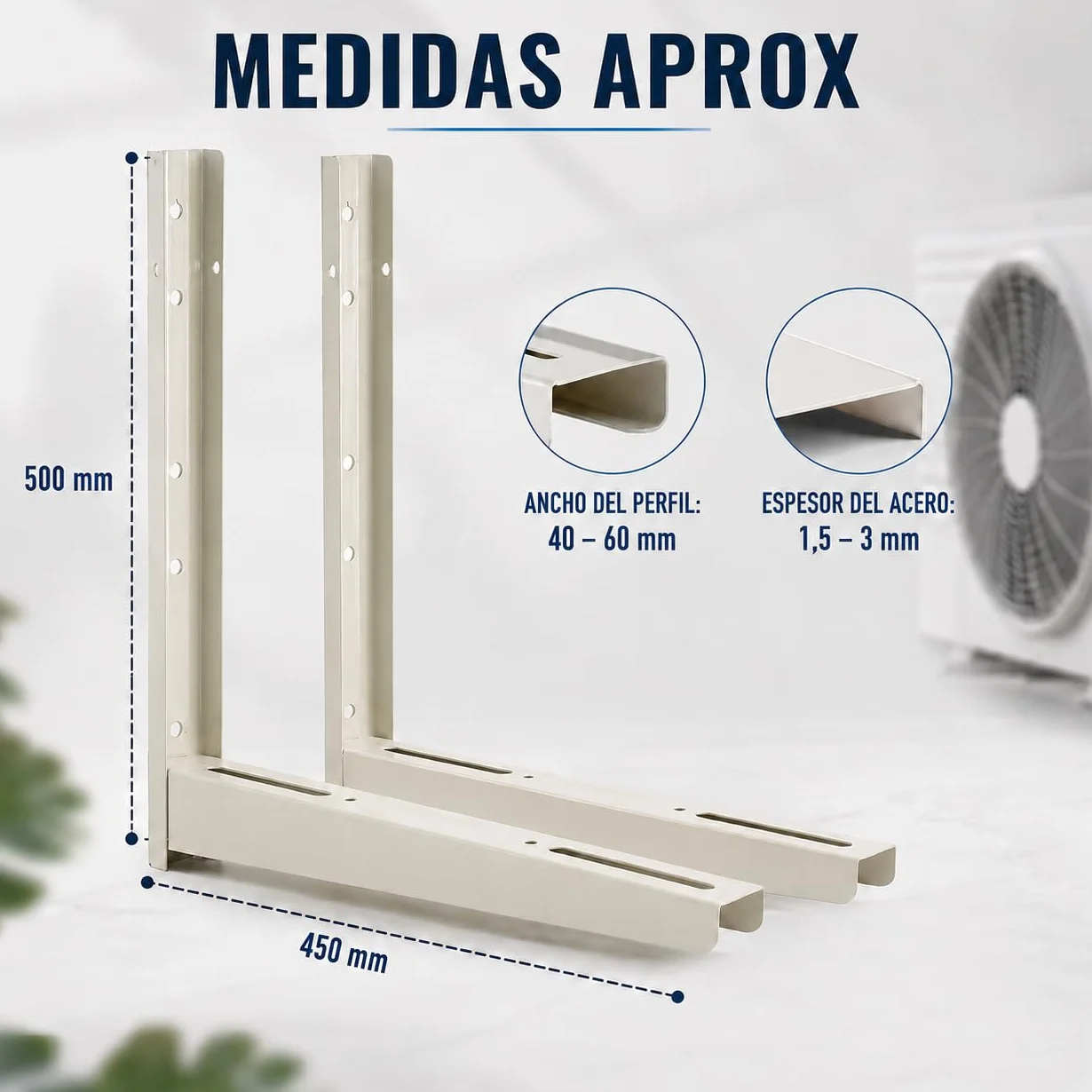 Juego de Soporte Exterior para Unidad de Aire Acondicionado 500x450x55x1,5 mm Estructura Soldada Pack Antivibradores