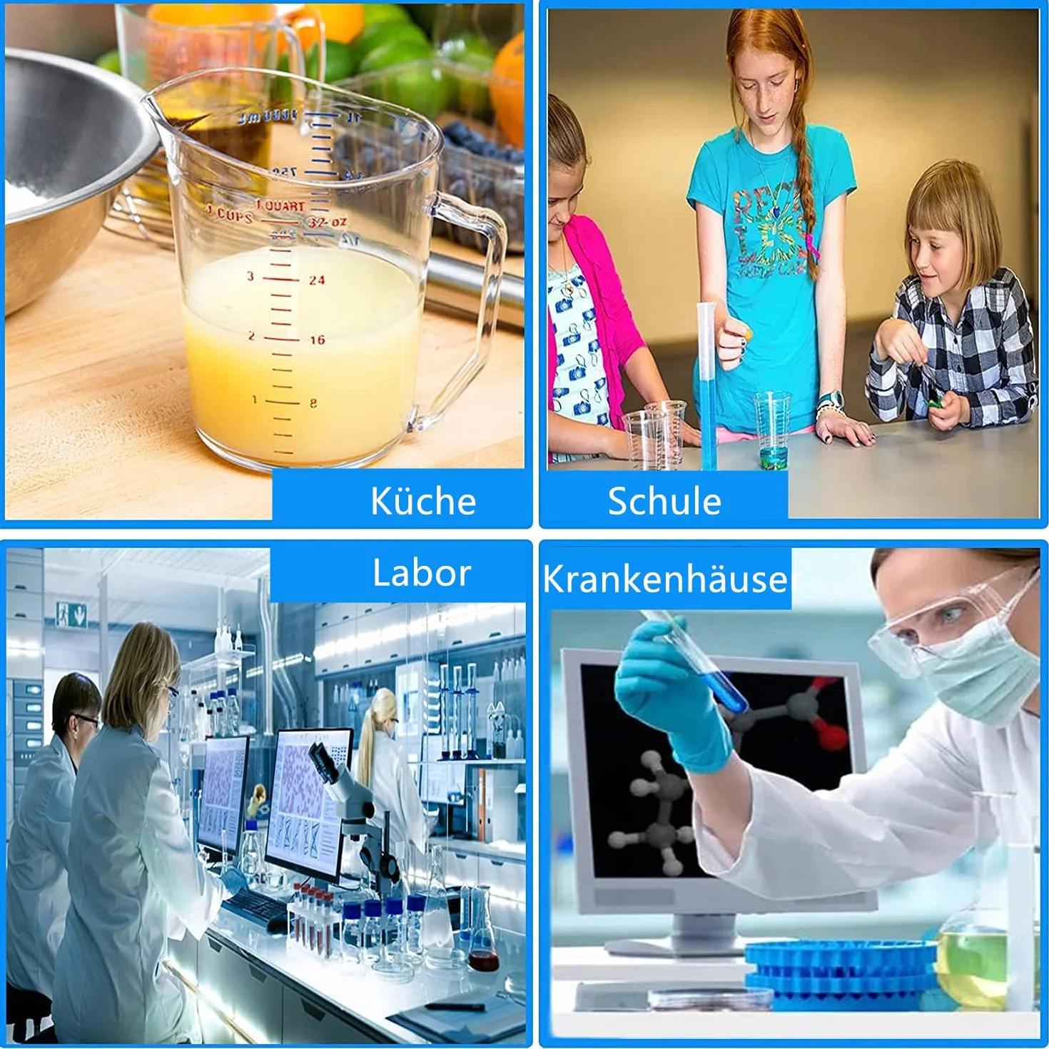 Juego de 4 cilindros medidores de plástico 10/25/50/100 ml para laboratorio y cocina