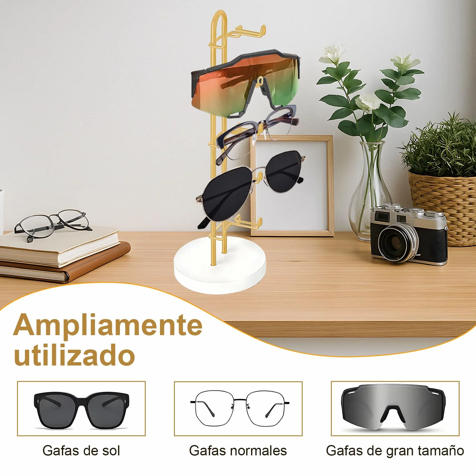 Soporte para Gafas de Sol Expositor Organizador Elegante de Metal con Base de Madera para 5 Pares