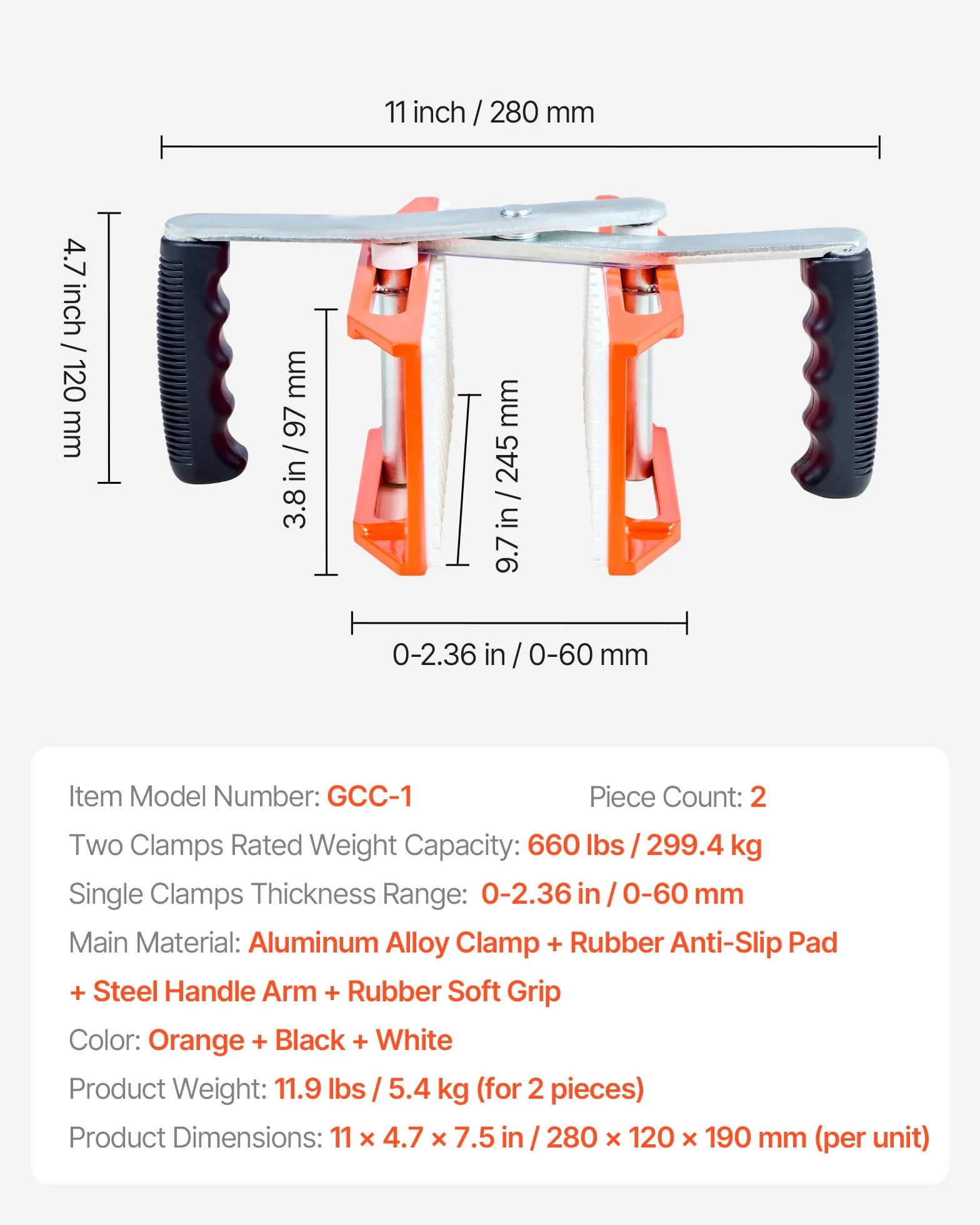 VEVOR Abrazaderas de Doble Mano para Transportar Piedras, Carga 299,4 kg, Herramientas de Elevación para Paneles de Granito