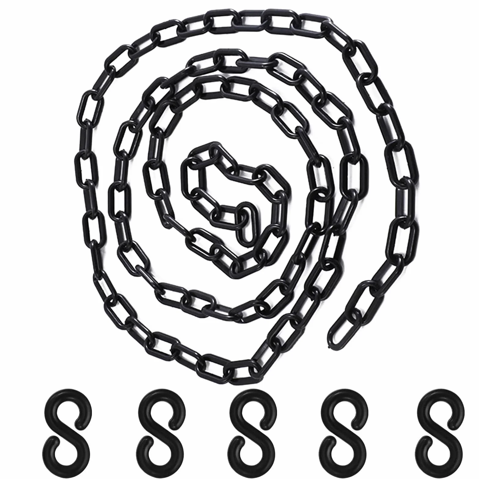 Cadena de plástico negro 1,5m 6mm con 5 ganchos S para control de multitudes