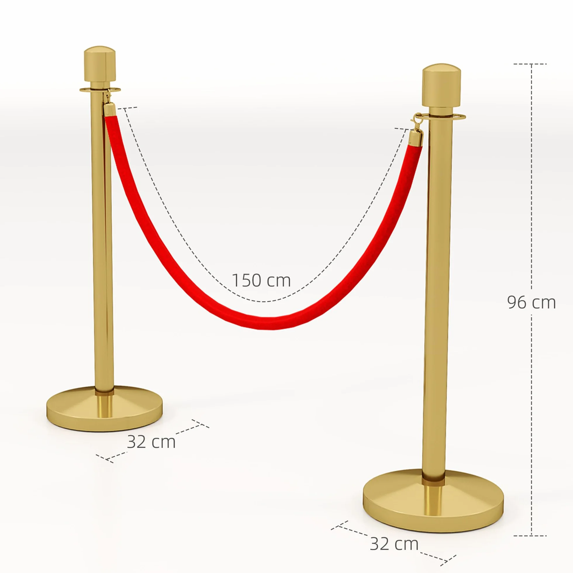 HOMCOM Juego de 2 Postes Separadores de Acero Inoxidable, Barreras de Seguridad con Cuerda de Terciopelo Roja 1,5 m y Base Rellenable de Agua, Dorado