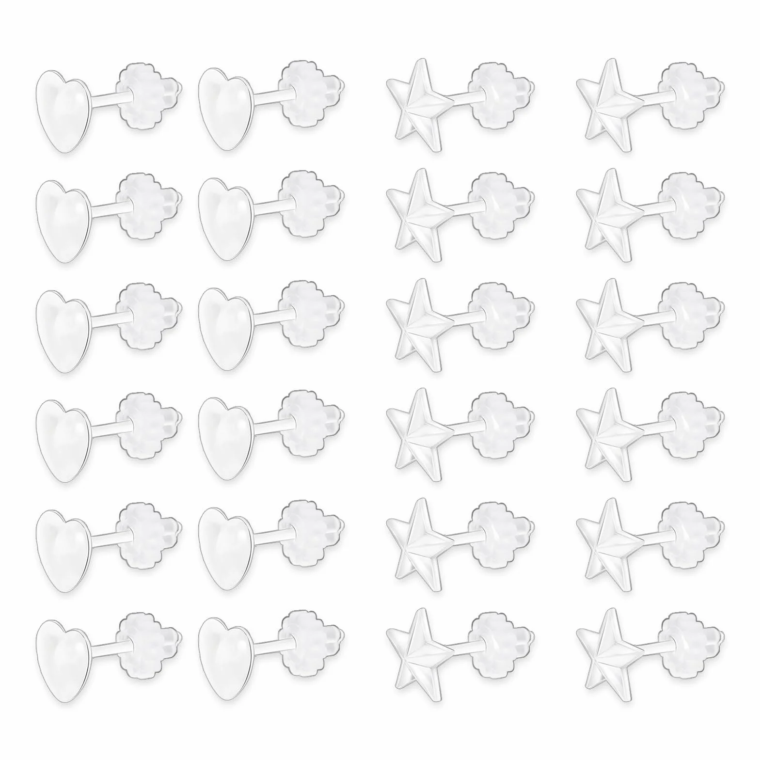 EUPSIIU 12 pares de aretes transparentes, aretes de plástico, aretes de plástico con forma de corazón de estrella, hipoalergénicos, aretes invisibles, aretes transparentes, aretes para orejas