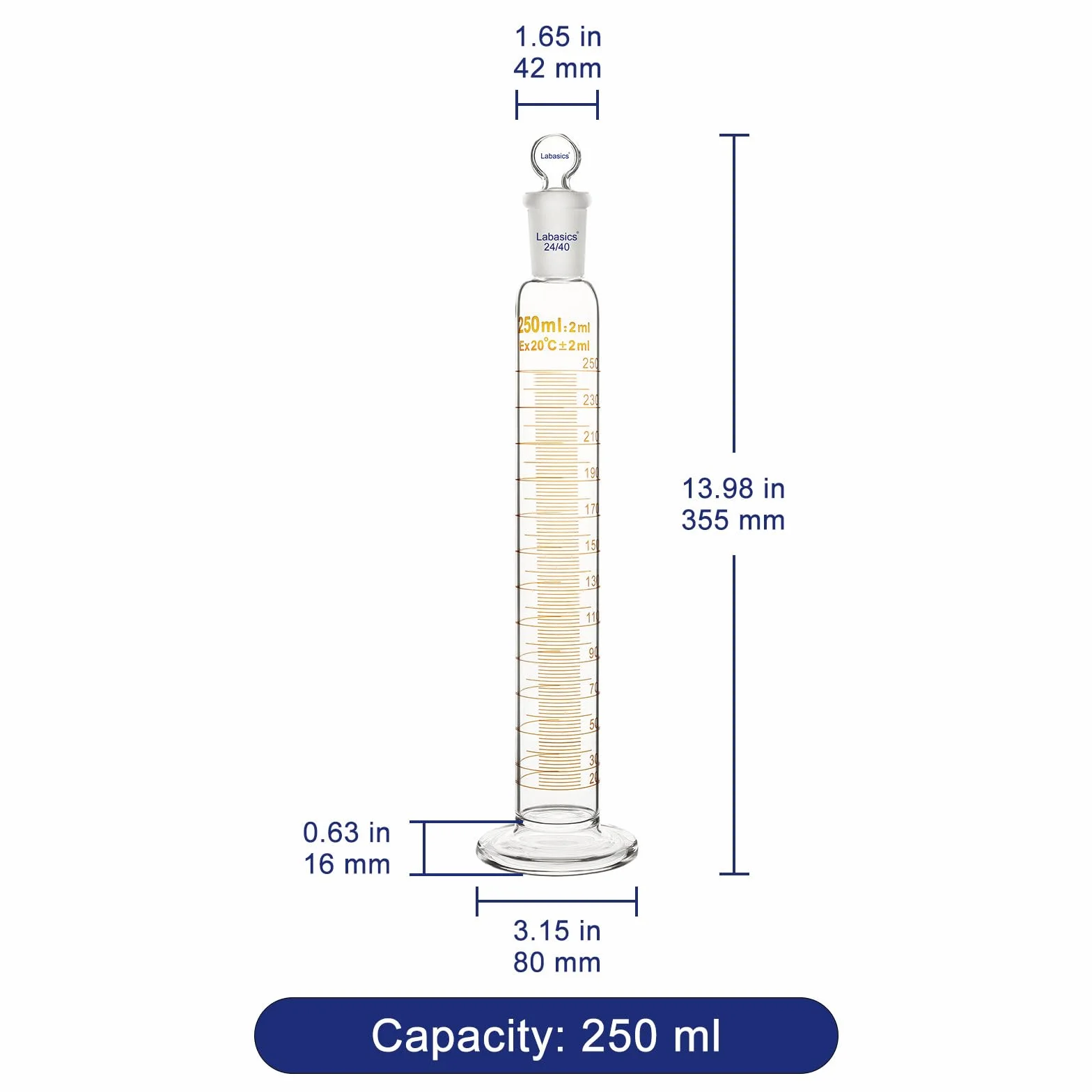 Labasics Cilindro Graduado con Tapón 250 ml Vidrio Borosilicato Junta Esmerilada 24/40 Laboratorio Medición Líquidos