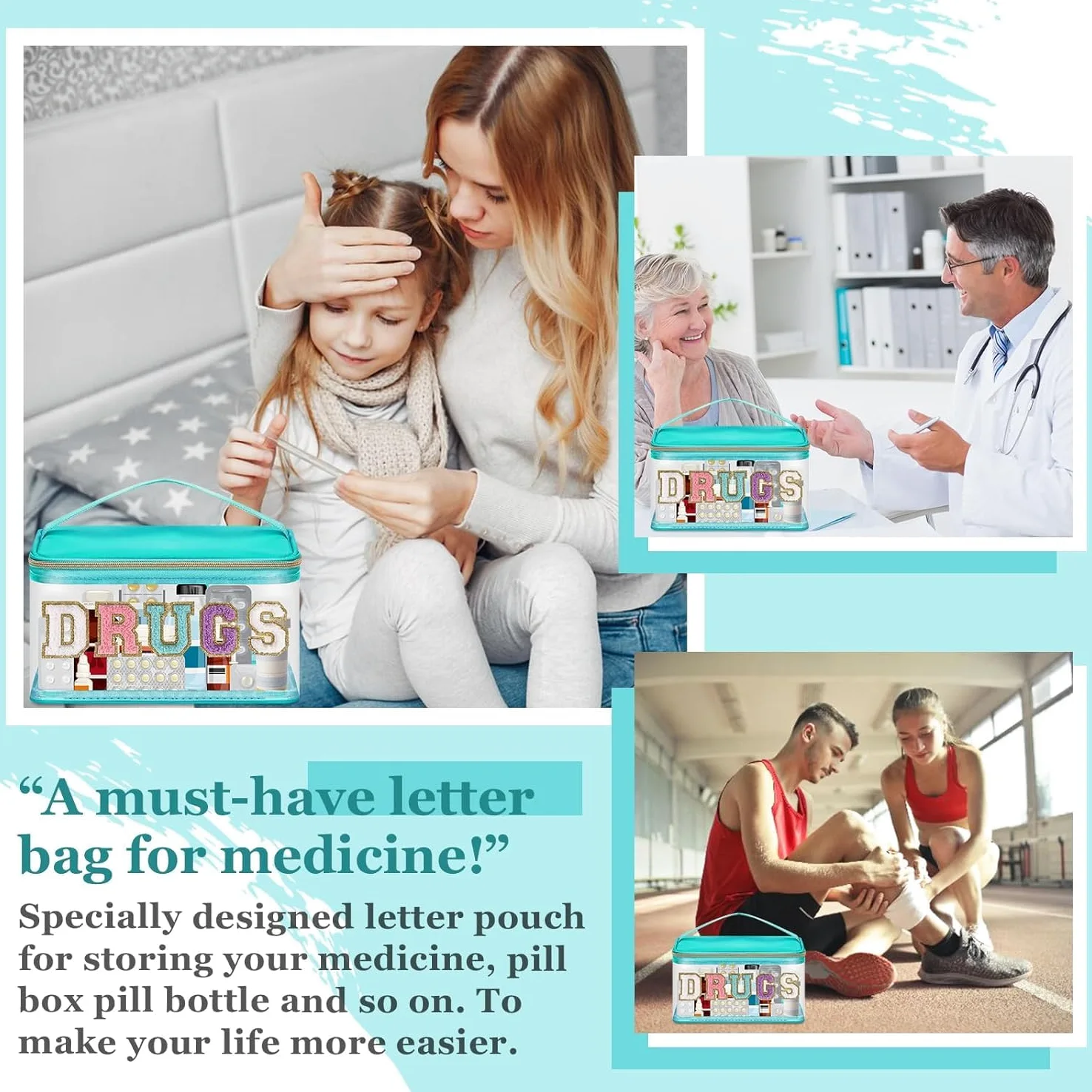 Bolsa de Aseo de PVC, Bolsa de cosméticos Transparente con Letras de Chenilla, Bolsa de Maquillaje Transparente, Bolsa Grande con Cremallera for Medicina de Viaje, Nailon Multicolor