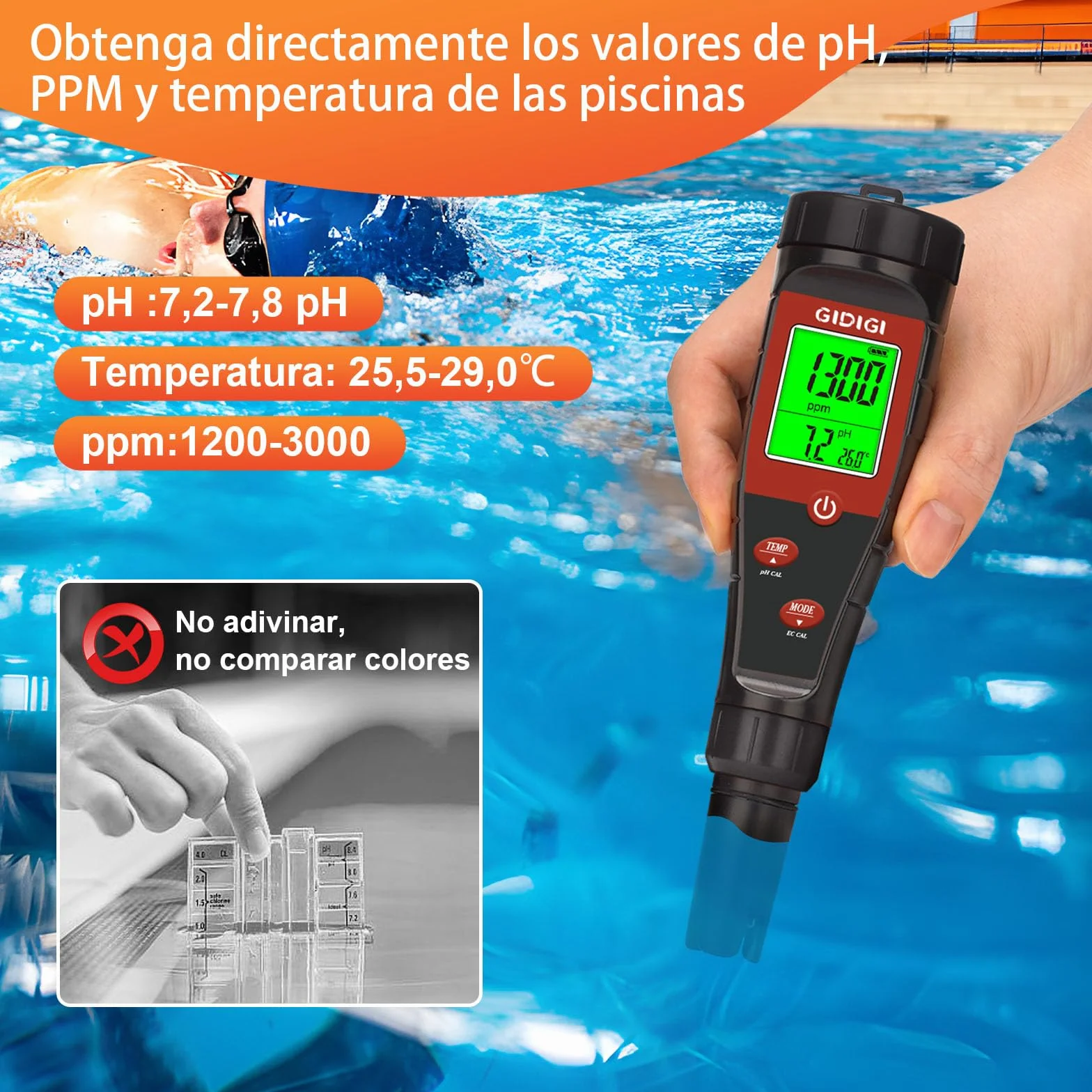 Medidor pH Agua 4 en 1, Probador Digital pH EC TDS para Piscina, Hidroponia, Agua Potable