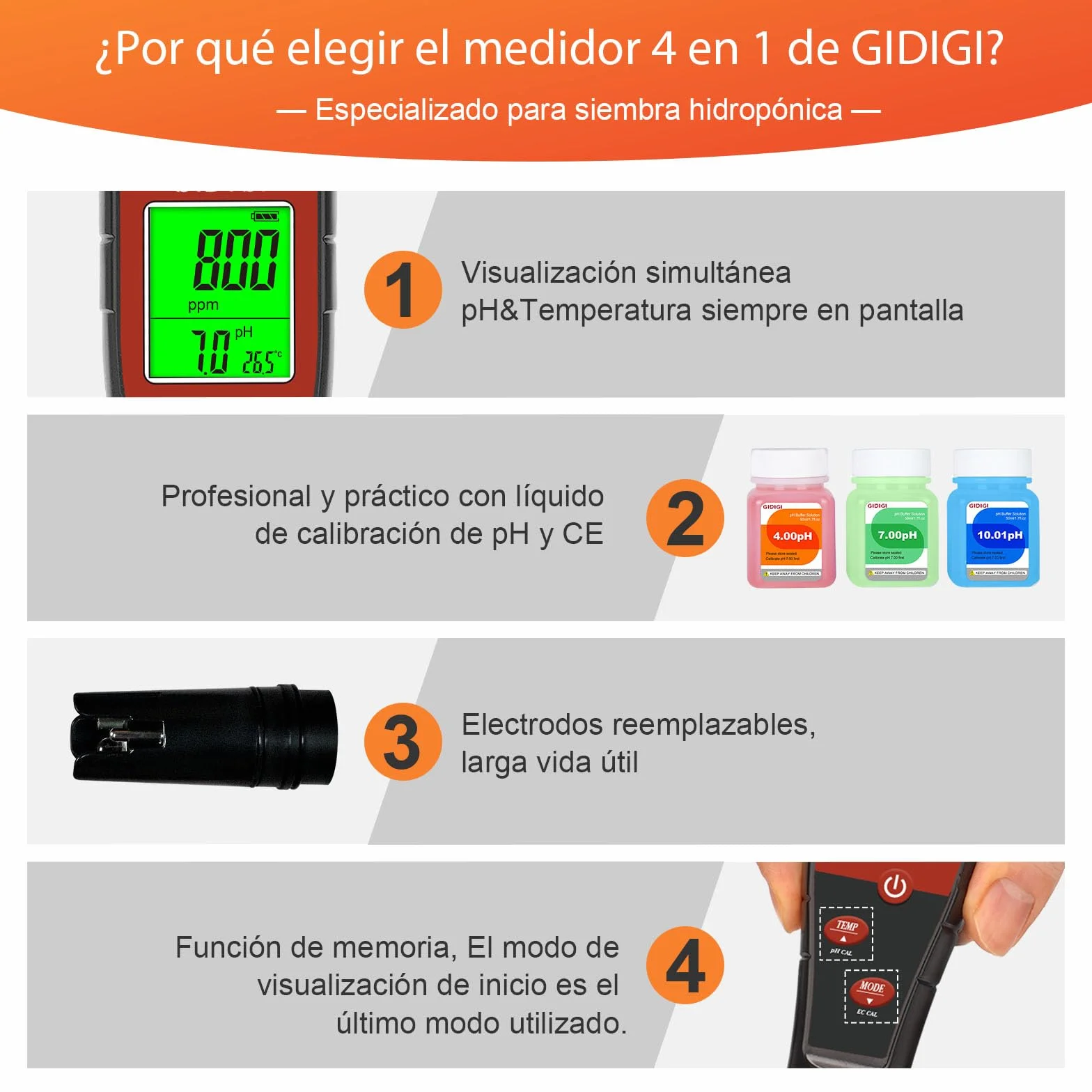 Medidor pH Agua 4 en 1, Probador Digital pH EC TDS para Piscina, Hidroponia, Agua Potable