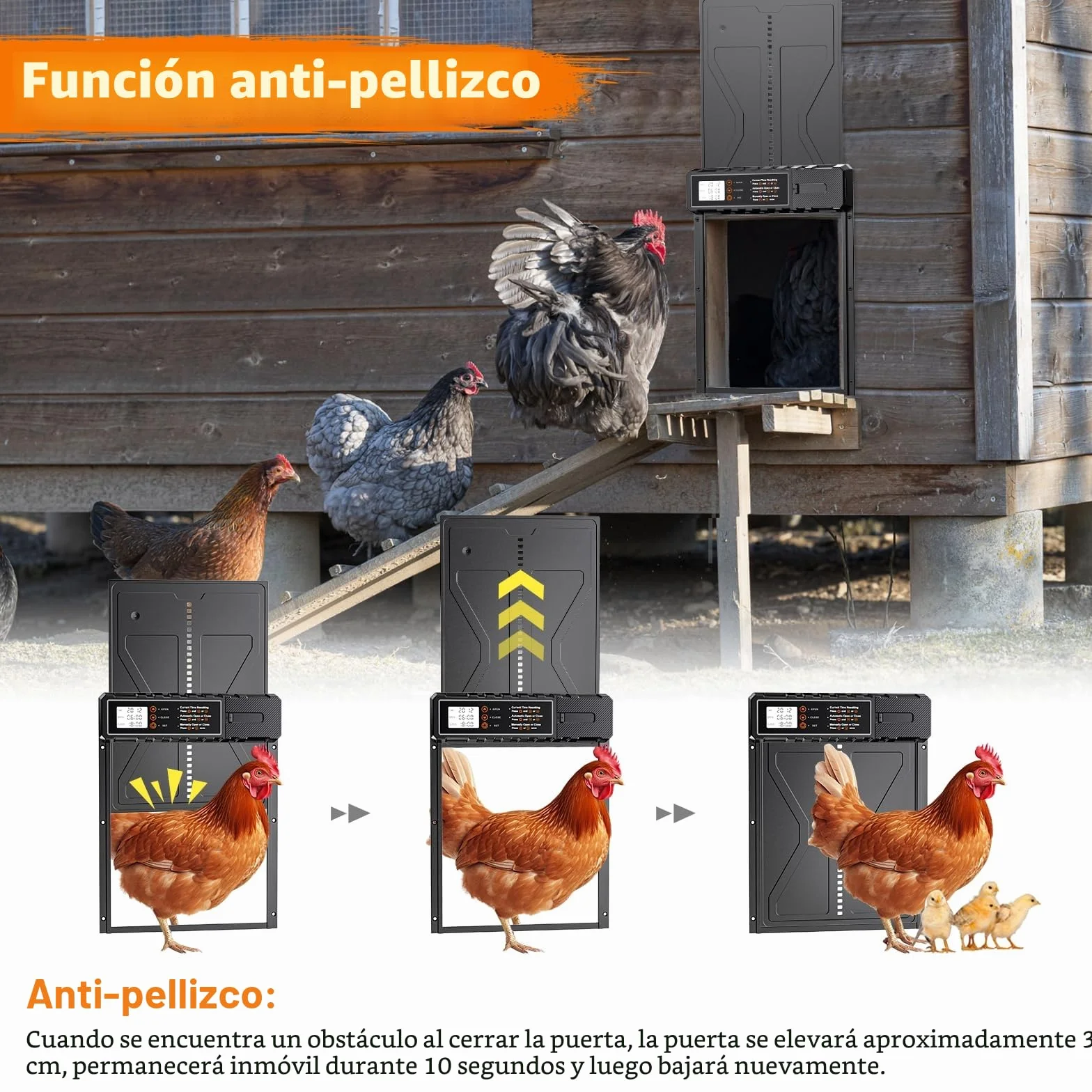 Puerta Gallinero Automatica con Pantalla, Anti-atrapamiento, Batería, Temporizador