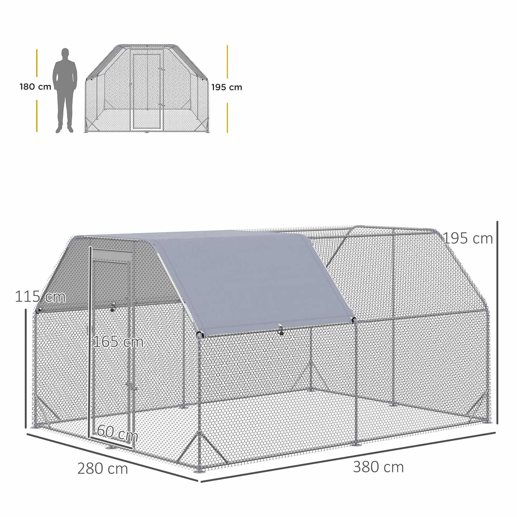 PawHut Gallinero Exterior Grande Walk-in 2,8x3,8x1,95 m Acero Galvanizado 10-12 Gallinas