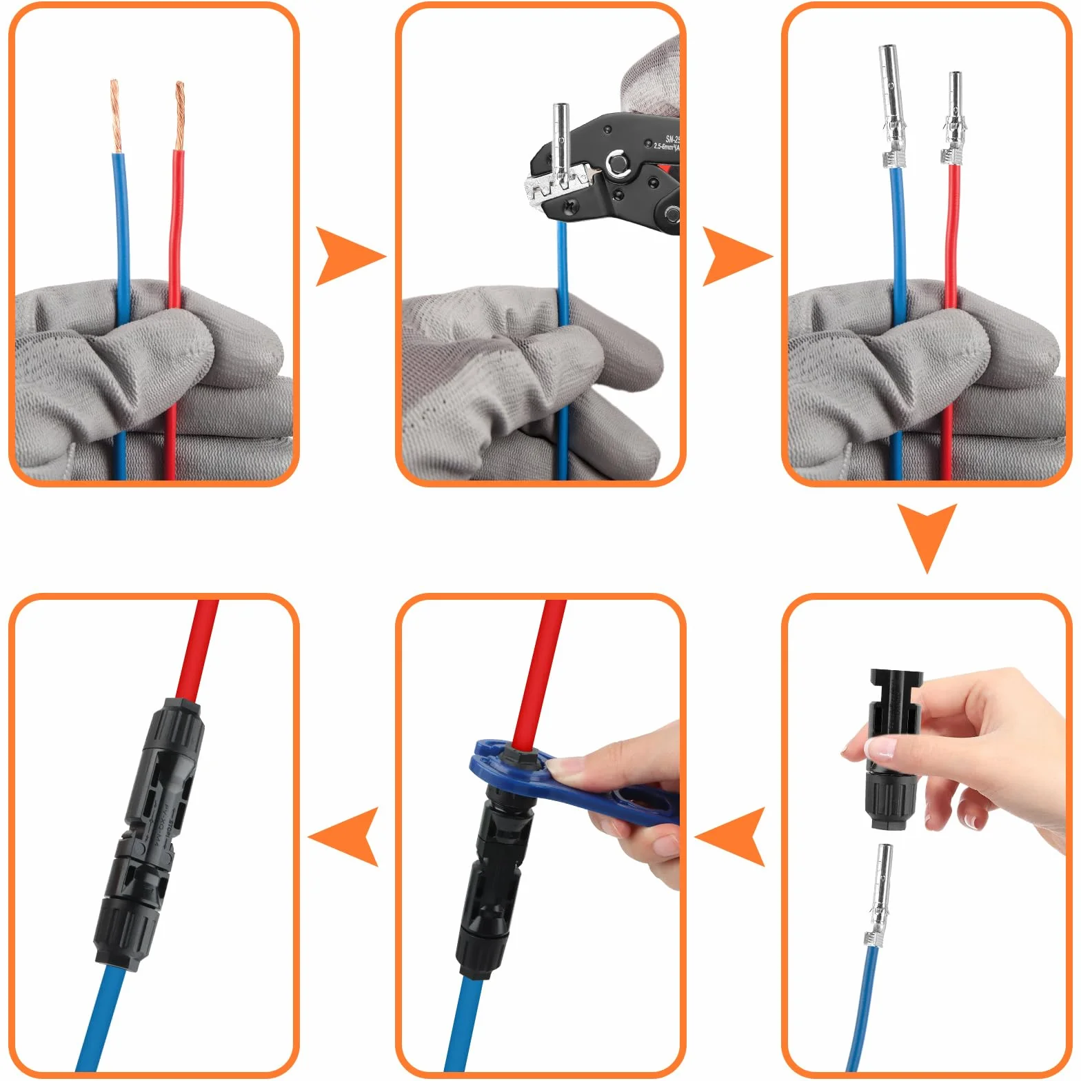 Juego de Crimpadora Solar 1 Alicates 12 Pares Conectores Macho Hembra 14 Pares Conectores Fotovoltaicos 2 Llaves Inglesas 2,5/4/6 mm²