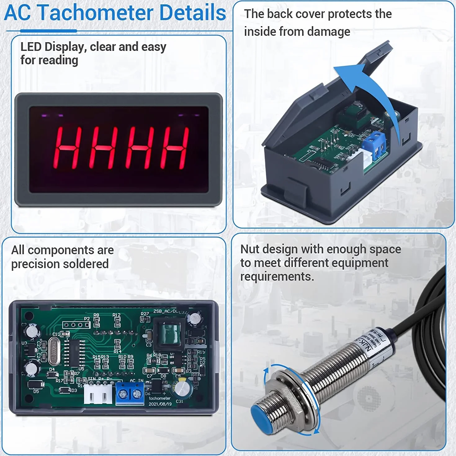 DONGKER Tacómetro digital LED AC 230 V 110 V RPM con interruptor de proximidad sensor NPN