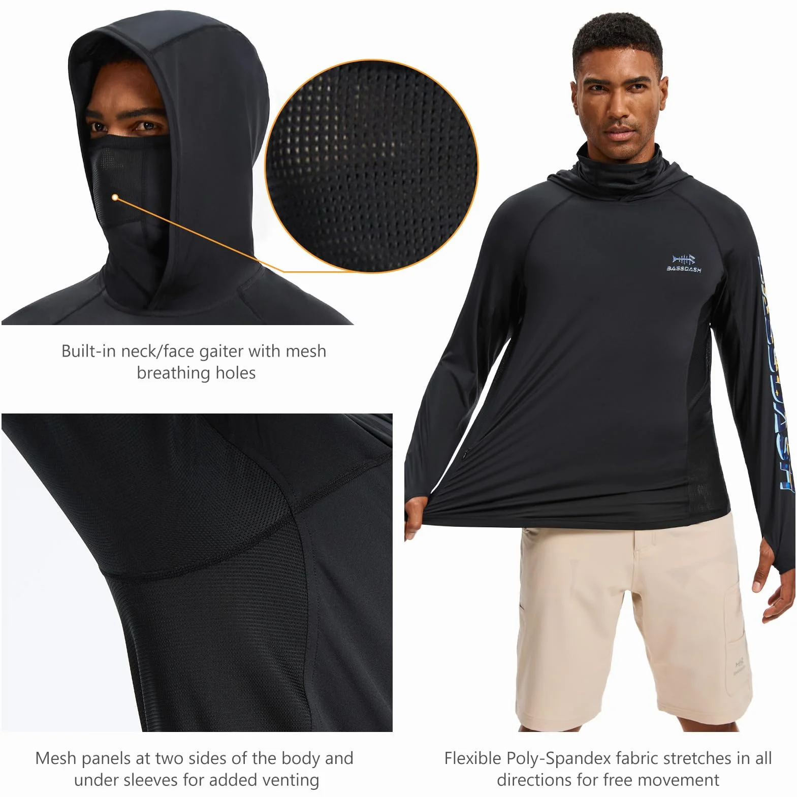 Bassdash Sudadera con Capucha Hombre con Mascarilla, UPF 50+, Estampado de Pesca, Manga Larga, Tejido Técnico Transpirable y Secado Rápido, Modelo FS47M