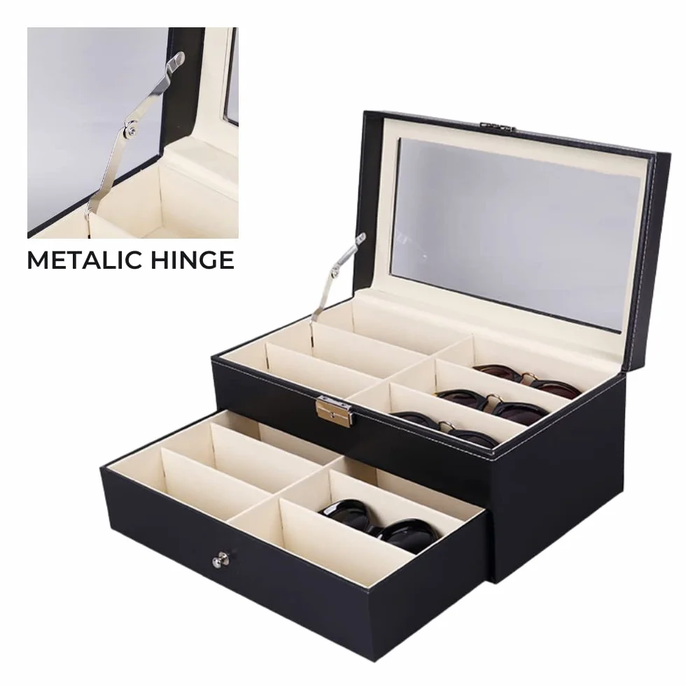 MAGIC SELECT Caja para Gafas con 8-12-18 Compartimentos, Estuche con Tapa de Cristal Transparente, Cierre con Llave, Cajón y Forro Interior, Polipiel