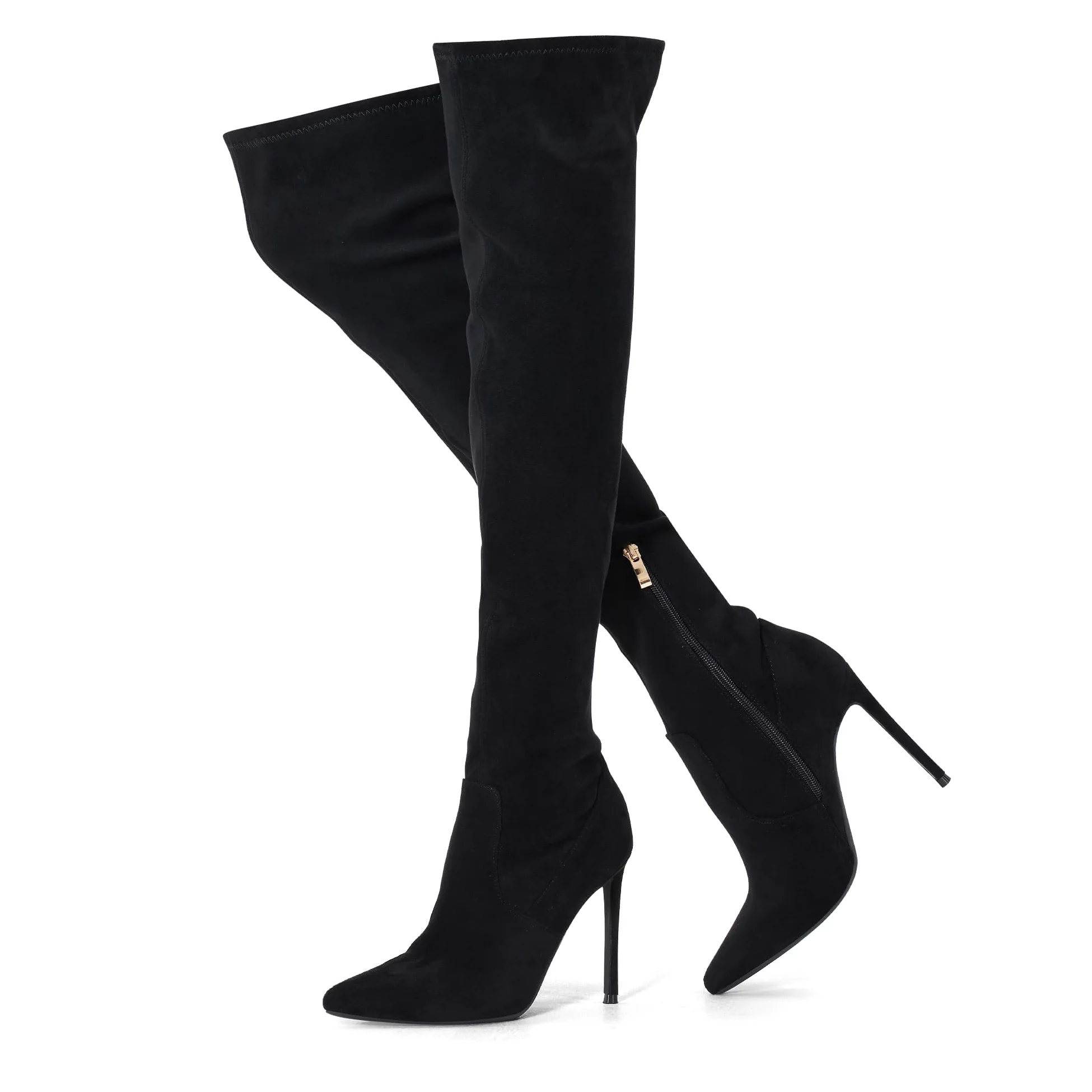 GENSHUO Botas por encima de la rodilla para mujer con tacón de gamuza, botas altas hasta el muslo, elásticas, sexy, puntiagudas, botas largas de aguja, Negro -, 43 EU