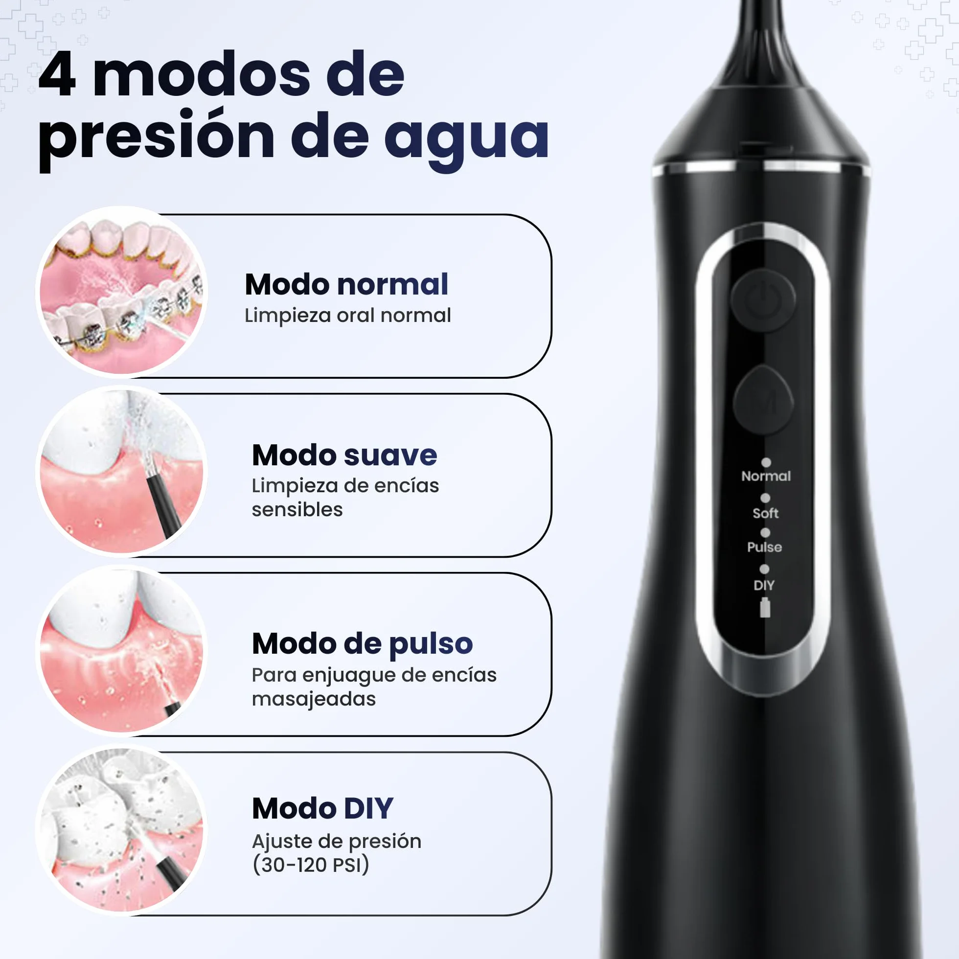 BeFit Water Flosser Portatil 320ml IPX8 4 Modos 120PSI 1400-1800/min Batería Recargable USB 1200 mAh